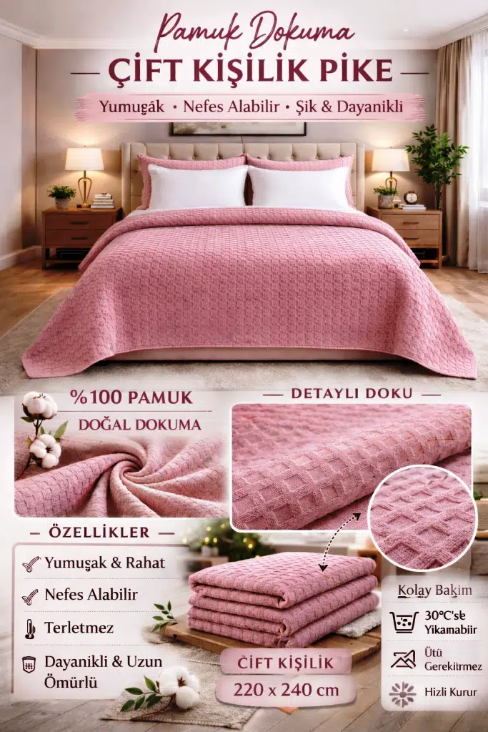 2 Adet Şaheser %100 Pamuk Çift Kişilik Pike 240x220 (Tek Pike)-Pudra 2 Adet Şaheser %100 Pamuk Çift Kişilik Pike 240x220 (Tek Pike)-Pudra