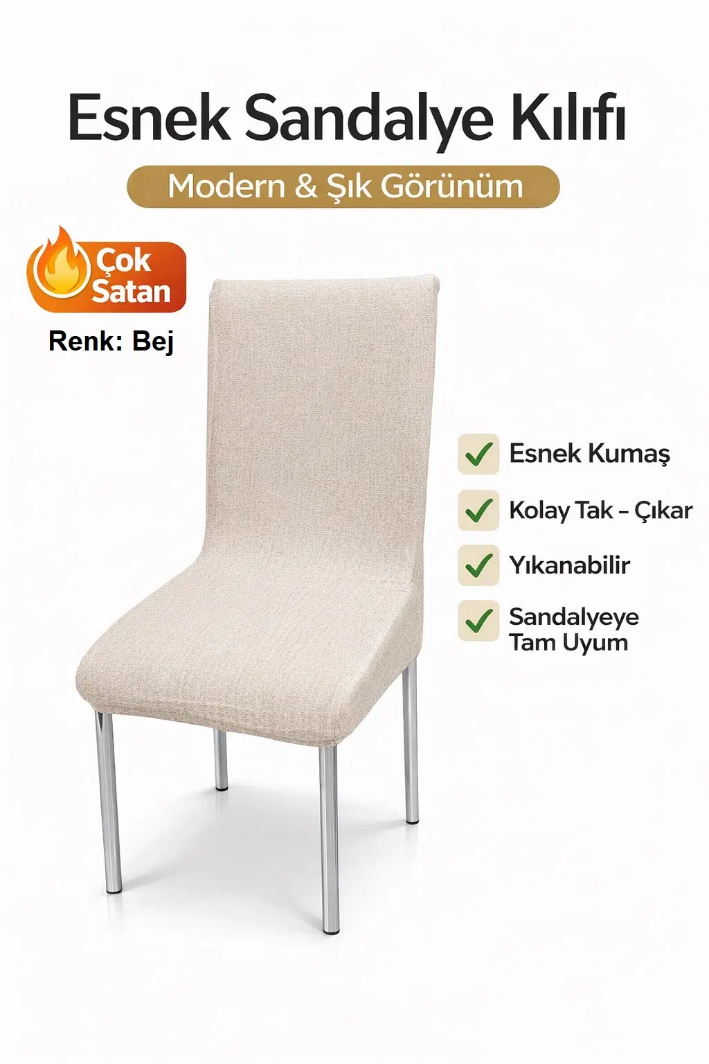 Altınkoza 1 Adet Jakarlı Lastikli Eteksiz Sandalye Kılıfı-Bej