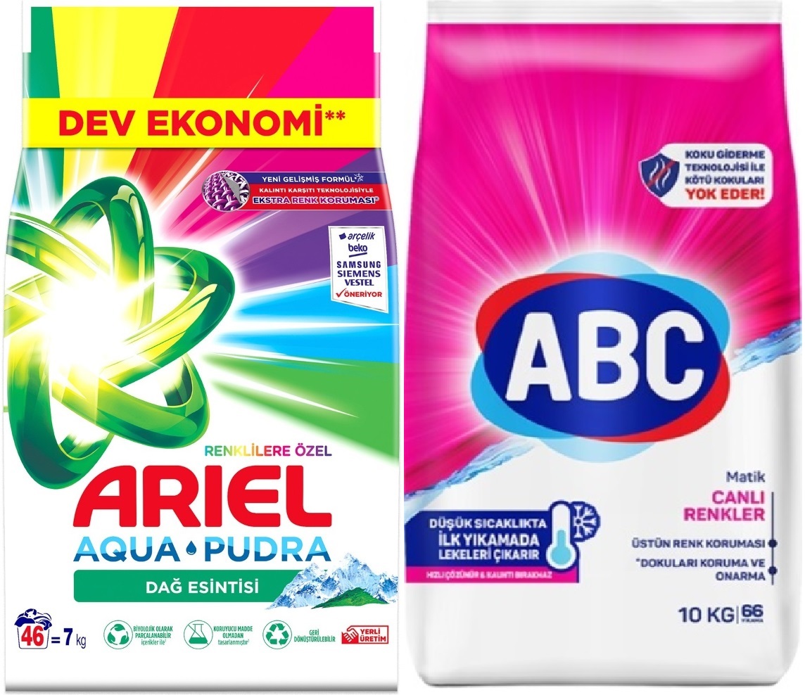 Ariel Matik Toz Çamaşır Deterjanı 7KG Renklilere Özel / Dağ Esintisi (46 Yıkama)+ 10KG Canlı Renkler Ariel Matik Toz Çamaşır Deterjanı 7KG Renklilere Özel / Dağ Esintisi (46 Yıkama)+ 10KG Canlı Renkler