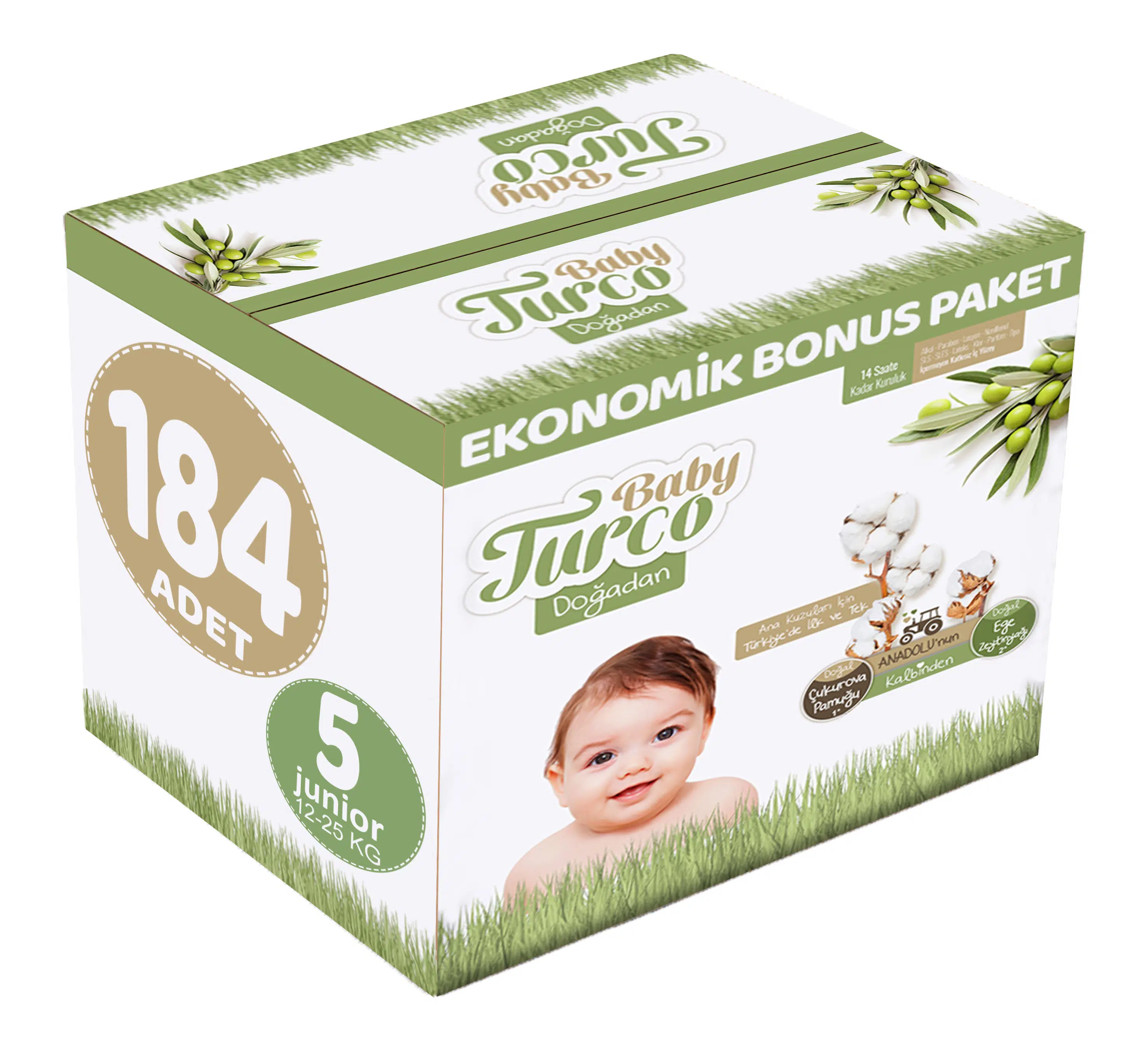 Baby Turco Bebek Bezi Doğadan 5 Beden 12-25 KG Junior 184 Adet Ekonomik Bonus Pk