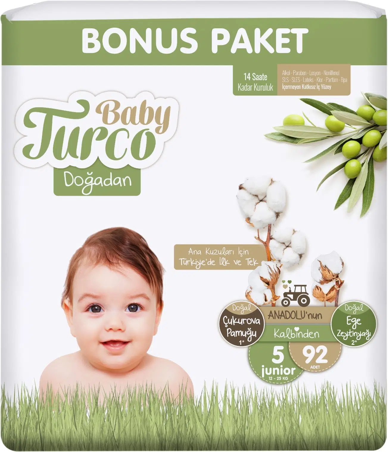 Baby Turco Bebek Bezi Doğadan Beden:5 (12-25KG) Junior 92 Adet Bonus Pk