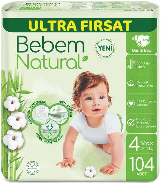 Bebem Bebek Bezi Natural Beden:4 (7-14KG) Maxi 104 Adet Ultra Fırsat Pk Bebem Bebek Bezi Natural Beden:4 (7-14KG) Maxi 104 Adet Ultra Fırsat Pk