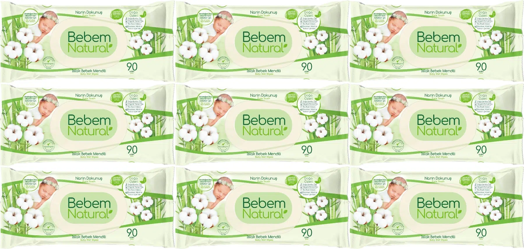 Bebem Natural Islak Bebek Mendili Narin Dokunuş / Yenidoğan 90 Yaprak Plastik Kapaklı 9 Lu Set