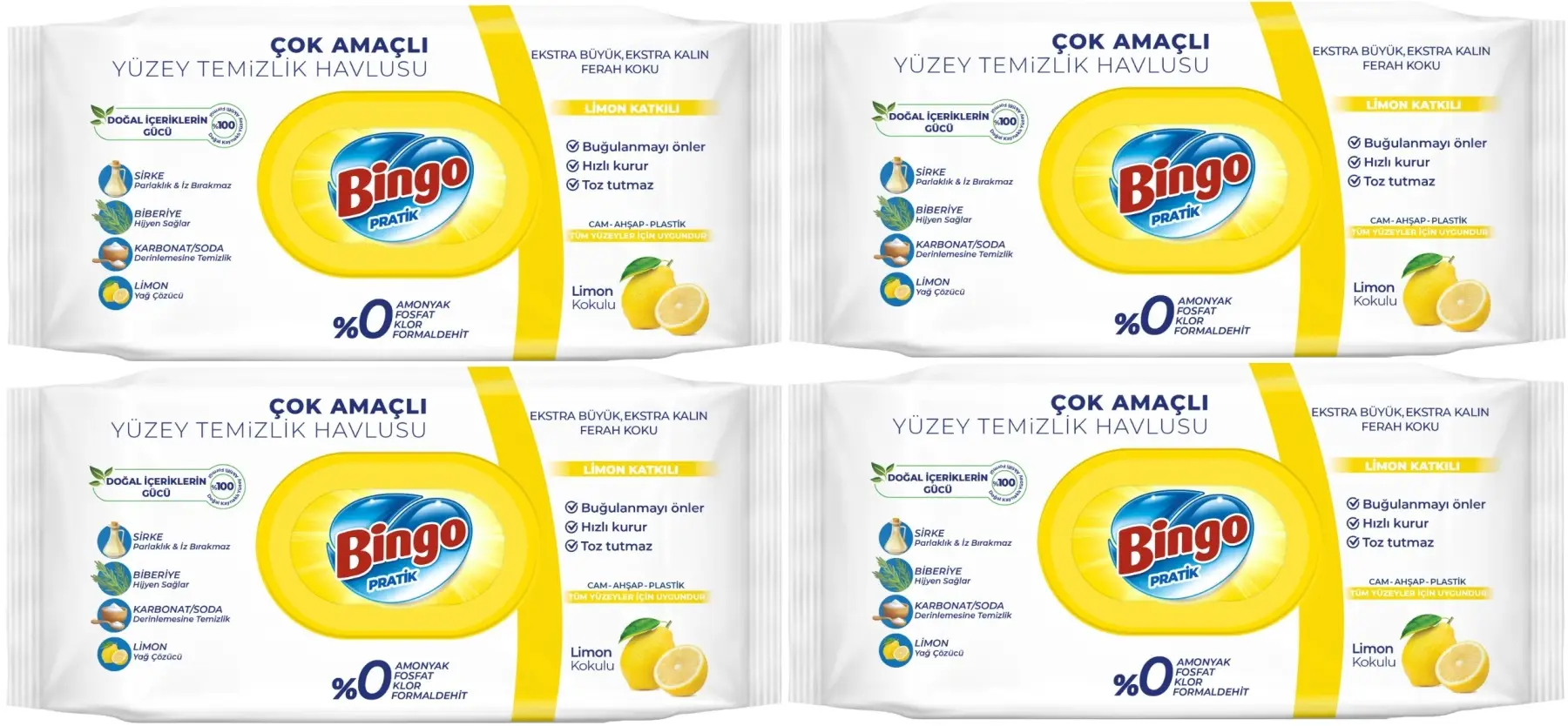 Bingo Clean Yüzey Temizlik Havlusu 96 Yaprak Limon Kokulu Plastik Kapaklı (4 Lü Set) 384 Yaprak Bingo Clean Yüzey Temizlik Havlusu 96 Yaprak Limon Kokulu Plastik Kapaklı (4 Lü Set) 384 Yaprak