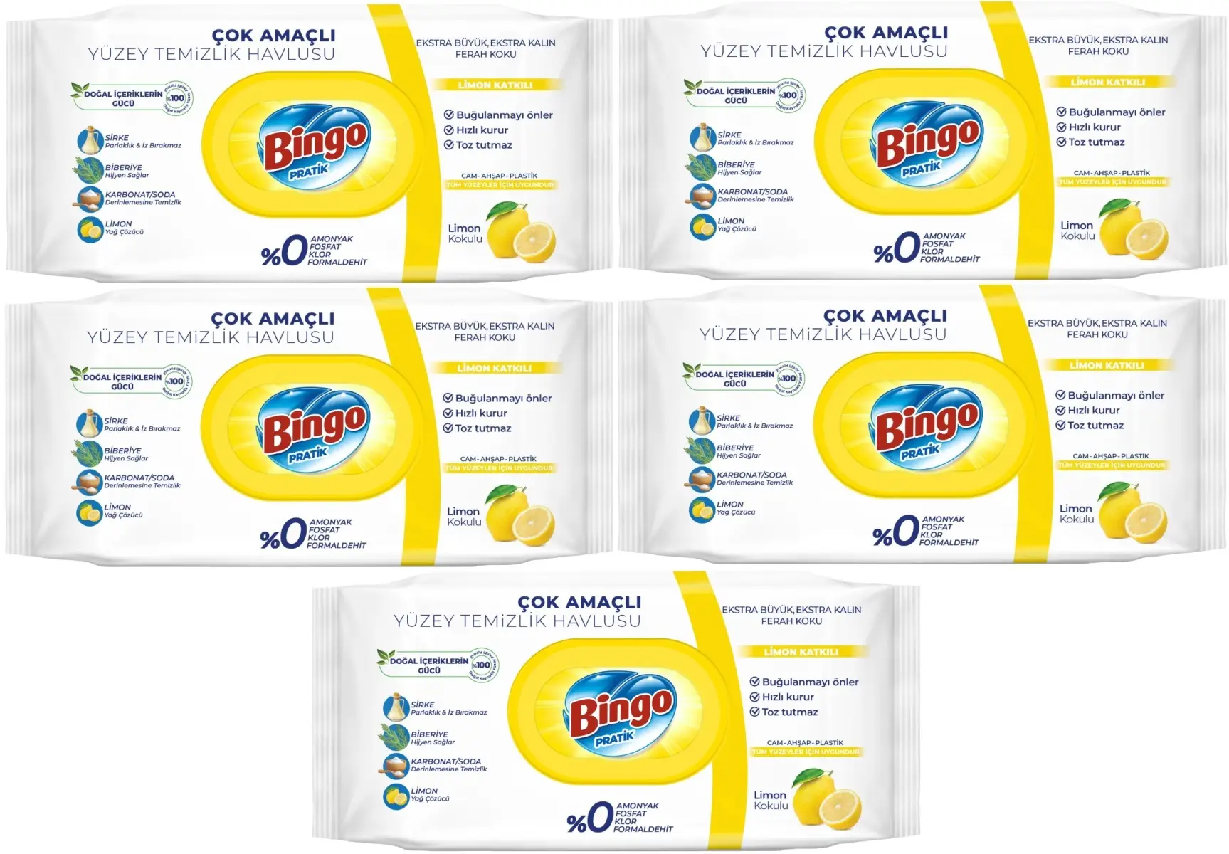 Bingo Clean Yüzey Temizlik Havlusu 96 Yaprak Limon Kokulu Plastik Kapaklı (5 Li Set) 480 Yaprak Bingo Clean Yüzey Temizlik Havlusu 96 Yaprak Limon Kokulu Plastik Kapaklı (5 Li Set) 480 Yaprak
