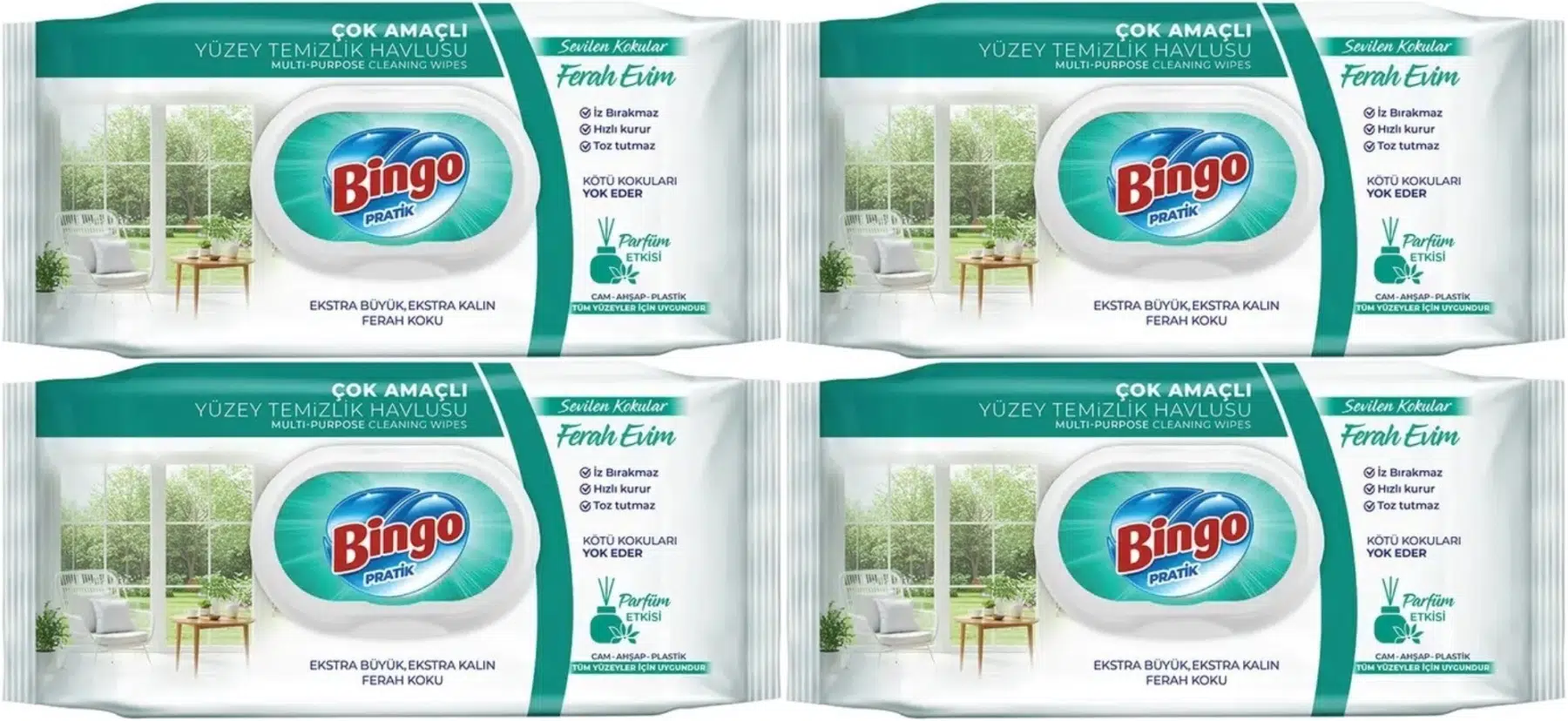 Bingo Clean Yüzey Temizlik Havlusu 96 Yaprak Sevilen Kokular Ferah Evim (4 Lü Set) 384 Yaprak