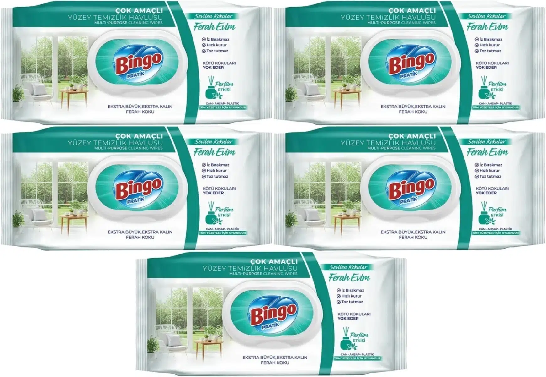 Bingo Clean Yüzey Temizlik Havlusu 96 Yaprak Sevilen Kokular Ferah Evim (5 Li Set) 480 Yaprak