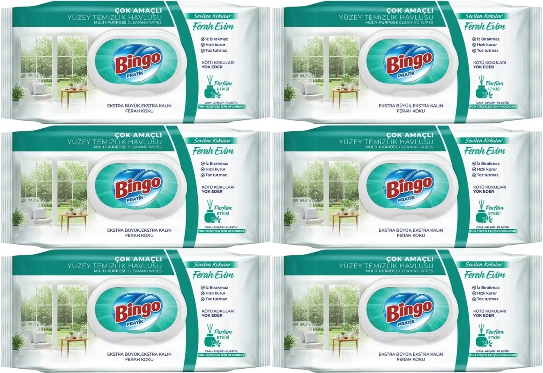 Bingo Clean Yüzey Temizlik Havlusu 96 Yaprak Sevilen Kokular Ferah Evim (6 Lı Set) 576 Yaprak