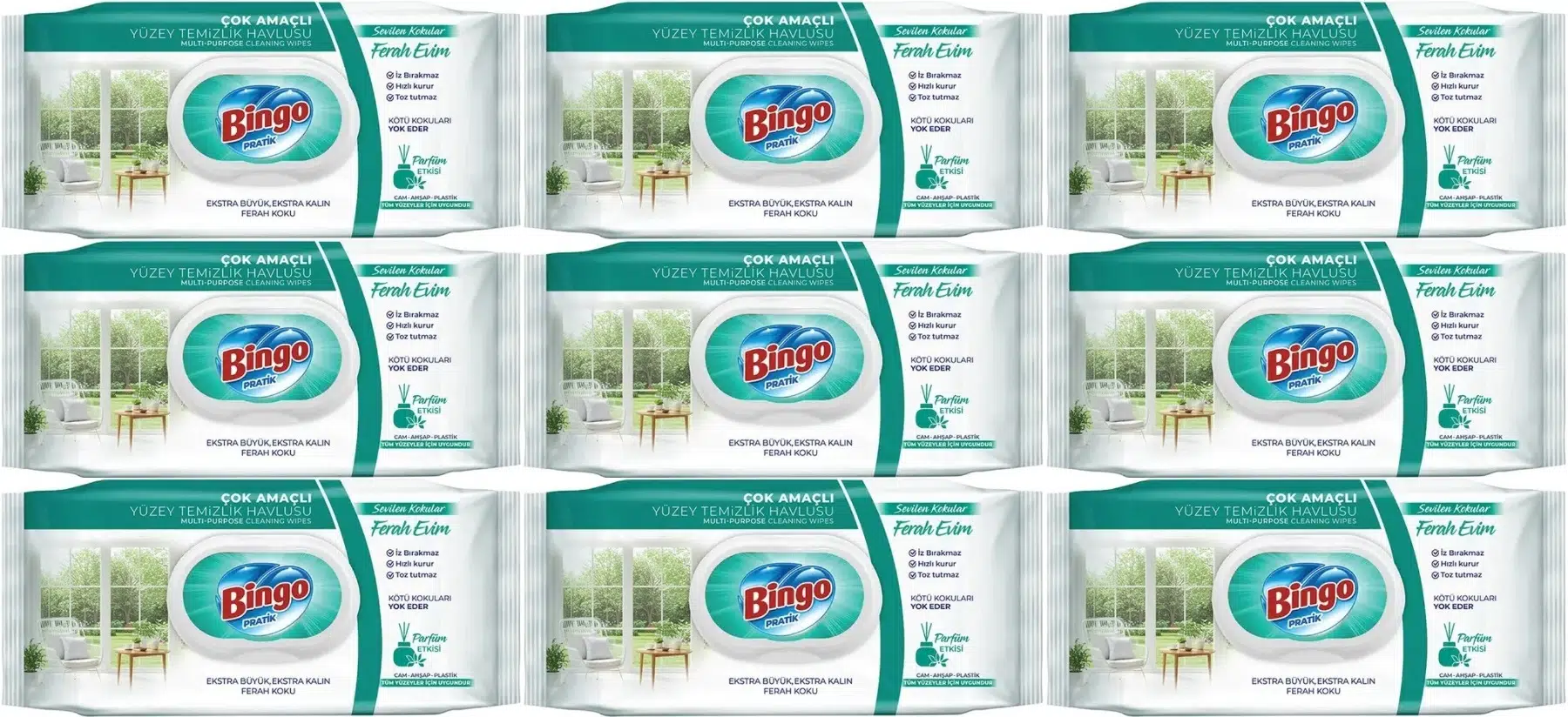 Bingo Clean Yüzey Temizlik Havlusu 96 Yaprak Sevilen Kokular Ferah Evim (9 Lu Set) 864 Yaprak