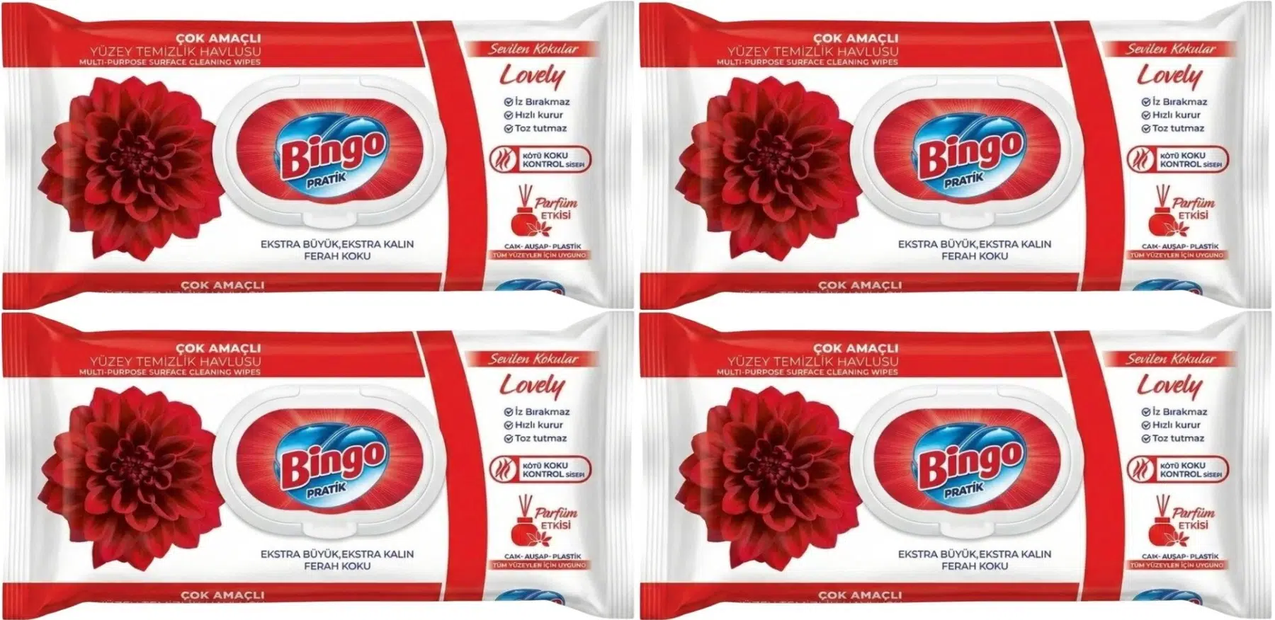 Bingo Clean Yüzey Temizlik Havlusu 96 Yaprak Sevilen Kokular Lovely - Gül (4 Lü Set) 384 Yaprak