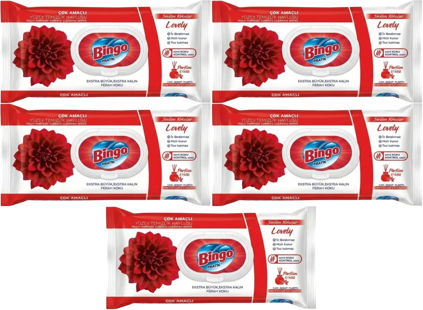 Bingo Clean Yüzey Temizlik Havlusu 96 Yaprak Sevilen Kokular Lovely - Gül (5 Li Set) 480 Yaprak