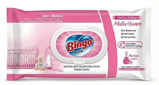 Bingo Clean Yüzey Temizlik Havlusu 96 Yaprak Sevilen Kokular Mutlu Yuvam Plastik Kapaklı