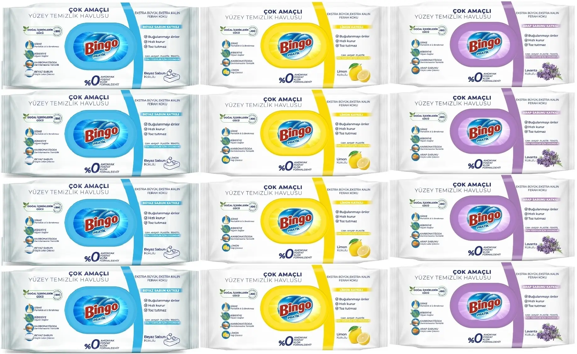 Bingo Clean Yüzey Temizlik Havlusu (Karma 12 Li Set) (Beyaz Sabun/Limon Kokulu/Lavanta Kokulu) Bingo Clean Yüzey Temizlik Havlusu (Karma 12 Li Set) (Beyaz Sabun/Limon Kokulu/Lavanta Kokulu)