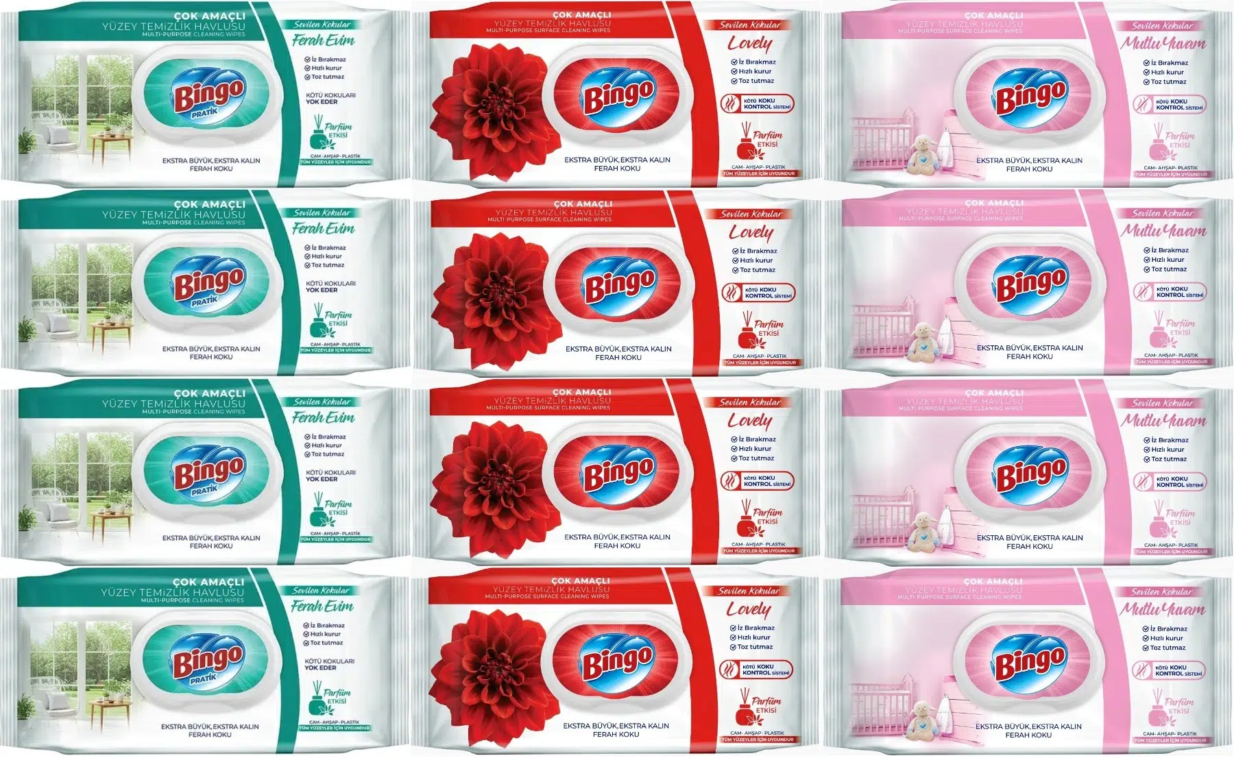 Bingo Clean Yüzey Temizlik Havlusu (Karma 12 Li Set) (Ferah Evim - Lovely - Mutlu Yuvam) 1152 Yaprak