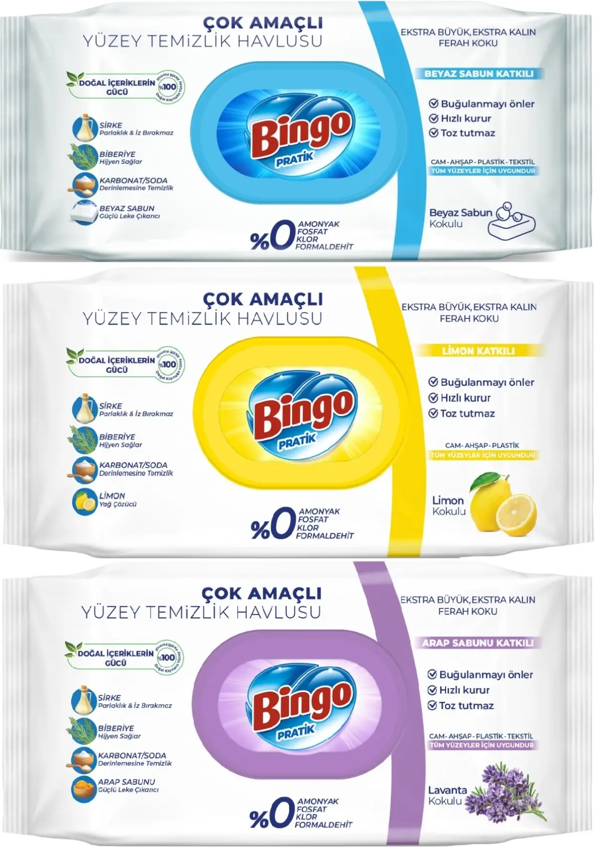 Bingo Clean Yüzey Temizlik Havlusu (Karma 3 Lü Set) (Beyaz Sabun/Limon Kokulu/Lavanta Kokulu) Bingo Clean Yüzey Temizlik Havlusu (Karma 3 Lü Set) (Beyaz Sabun/Limon Kokulu/Lavanta Kokulu)