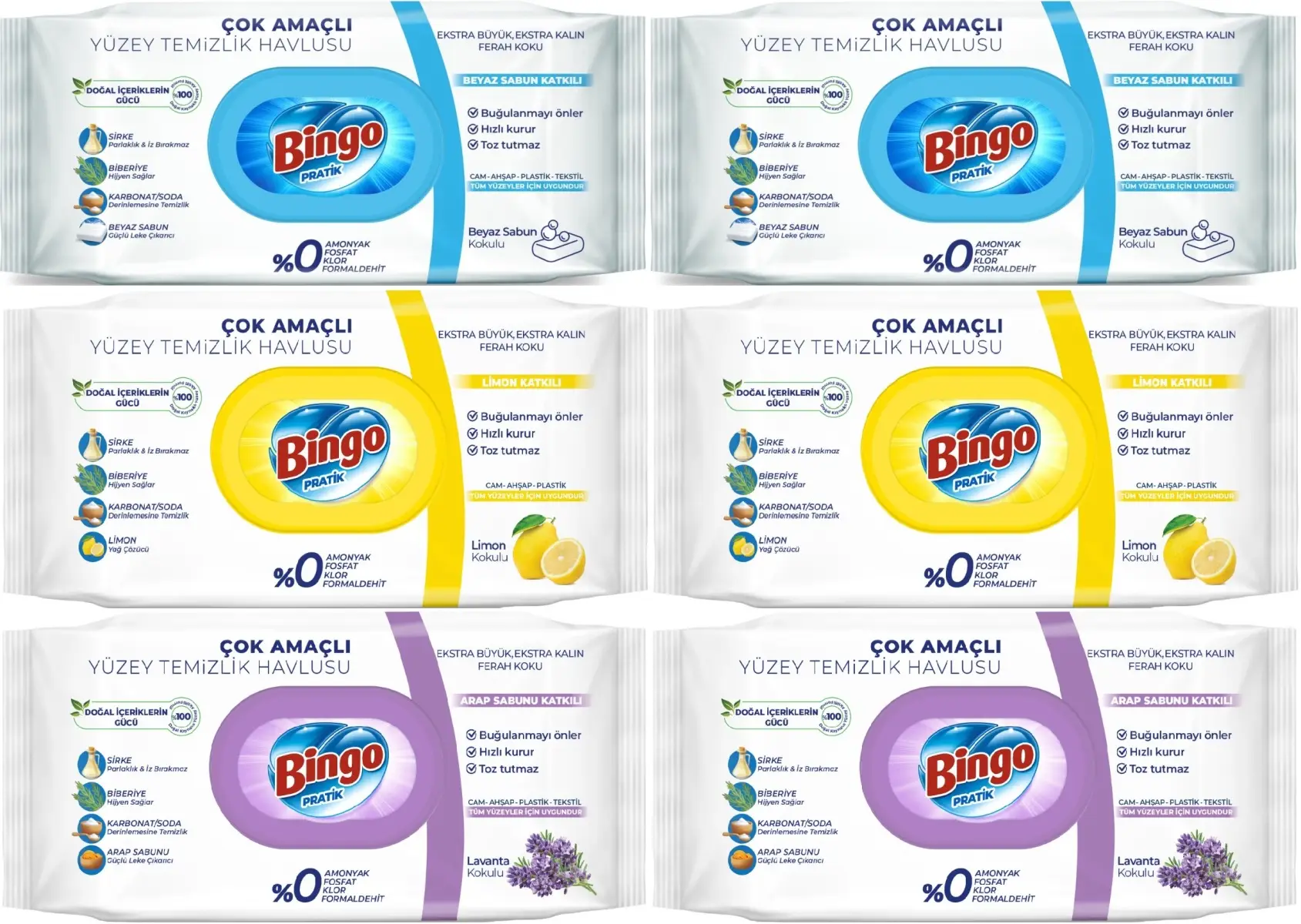 Bingo Clean Yüzey Temizlik Havlusu (Karma 6 Lı Set) (Beyaz Sabun/Limon Kokulu/Lavanta Kokulu) Bingo Clean Yüzey Temizlik Havlusu (Karma 6 Lı Set) (Beyaz Sabun/Limon Kokulu/Lavanta Kokulu)
