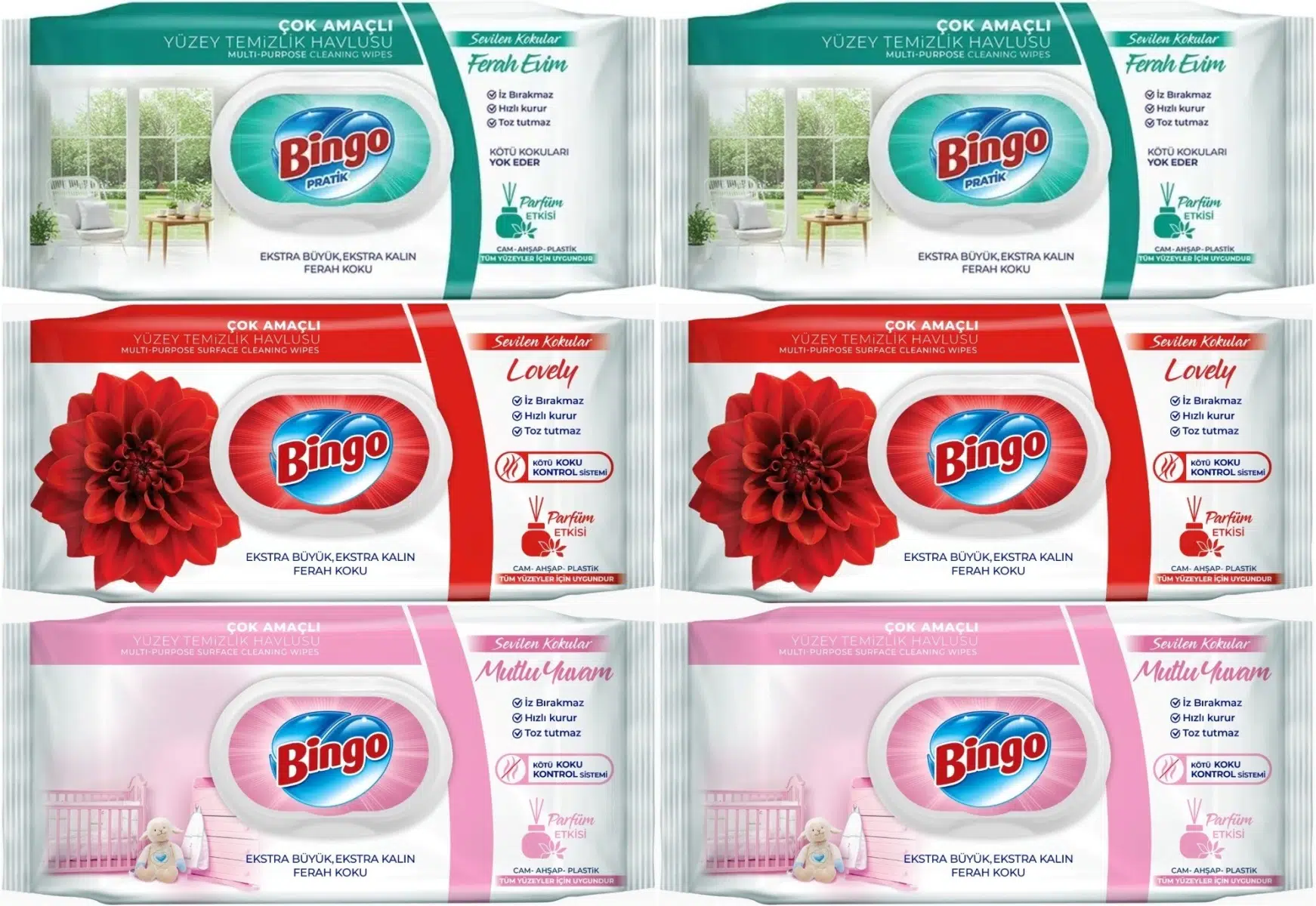 Bingo Clean Yüzey Temizlik Havlusu (Karma 6 Lı Set) (Ferah Evim - Lovely - Mutlu Yuvam) 576 Yaprak