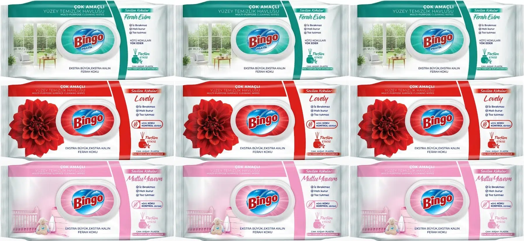 Bingo Clean Yüzey Temizlik Havlusu (Karma 9 Lu Set) (Ferah Evim - Lovely - Mutlu Yuvam) 864 Yaprak