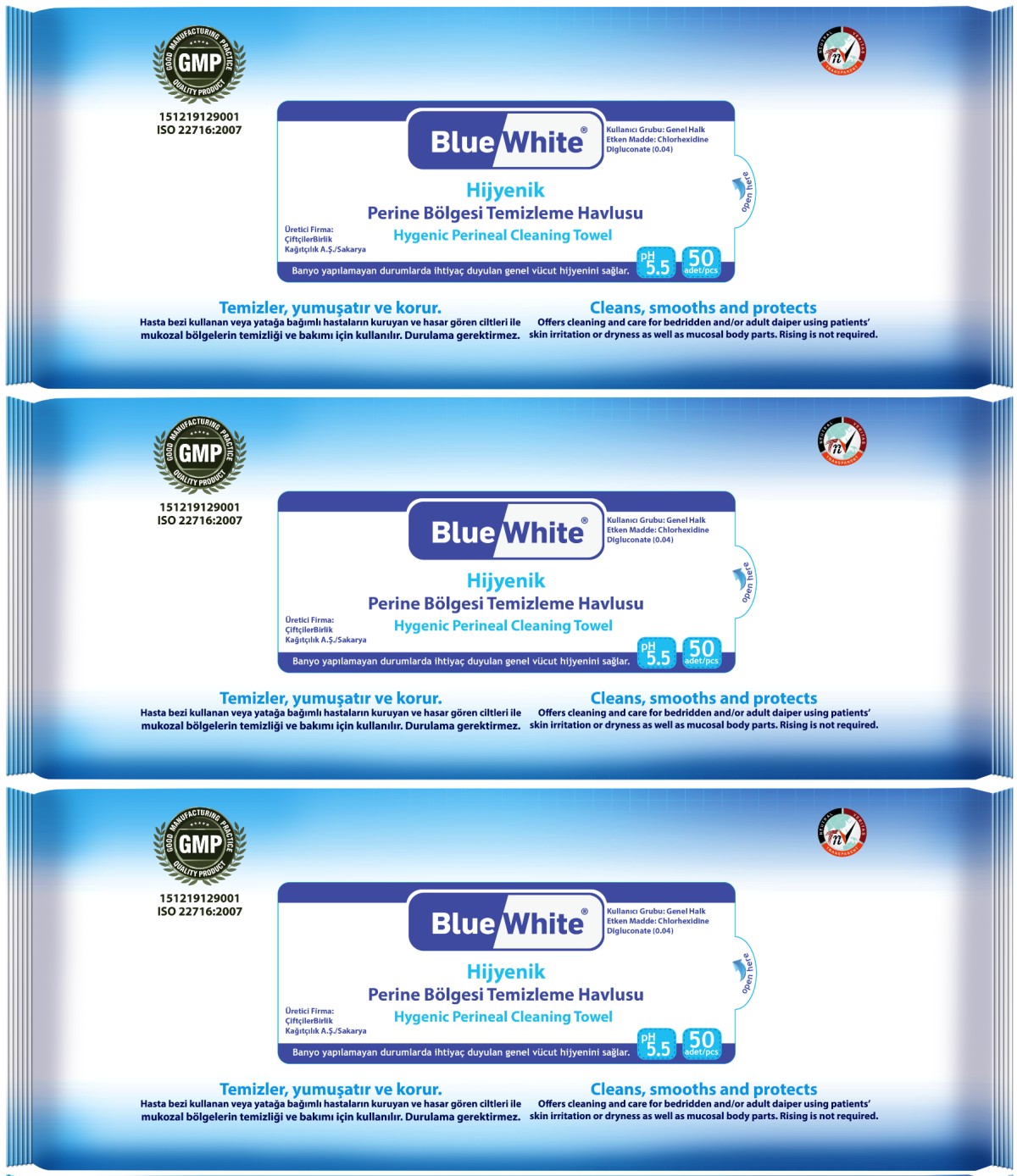 BlueWhite Yetişkin Hasta Perine Bölgesi Temizleme Mendil-Havlusu (3 lü set) 50 Yaprak Hijyenik BlueWhite Yetişkin Hasta Perine Bölgesi Temizleme Mendil-Havlusu (3 lü set) 50 Yaprak Hijyenik