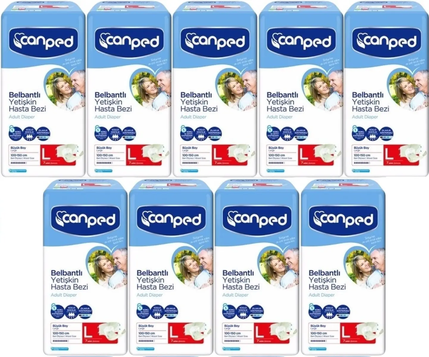 Canped Hasta Bezi Yetişkin Bel Bantlı Polietilen L-Large Büyük Boy 63 Adet (9PK*7) Canped Hasta Bezi Yetişkin Bel Bantlı Polietilen L-Large Büyük Boy 63 Adet (9PK*7)