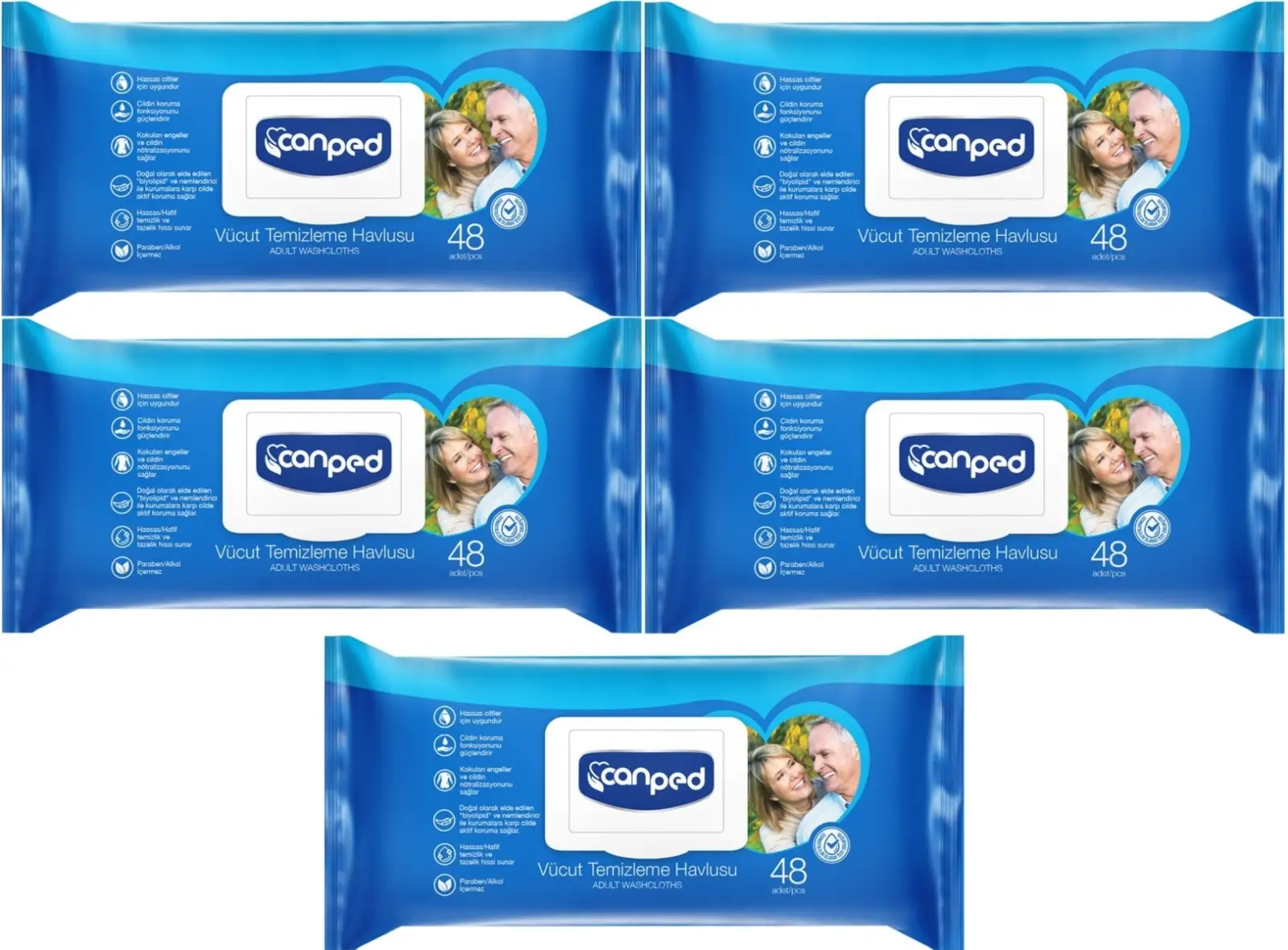 Canped Hasta Vücut Perine Temizleme Islak Mendil Havlu 48 Yaprak XL (5 Li Set) Plastik Kapaklı Canped Hasta Vücut Perine Temizleme Islak Mendil Havlu 48 Yaprak XL (5 Li Set) Plastik Kapaklı