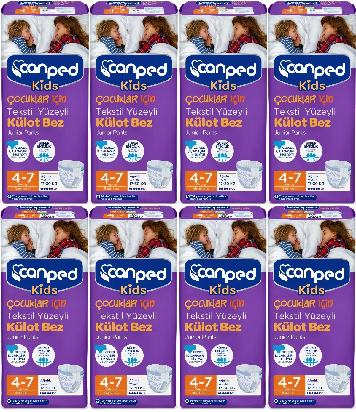 Canped Kids Çoçuklar İçin Külot Bez Tekstil Yüzeyli Yaş:4-7 (17-30Kg) 72 Adet (8Pk*9) Canped Kids Çoçuklar İçin Külot Bez Tekstil Yüzeyli Yaş:4-7 (17-30Kg) 72 Adet (8Pk*9)