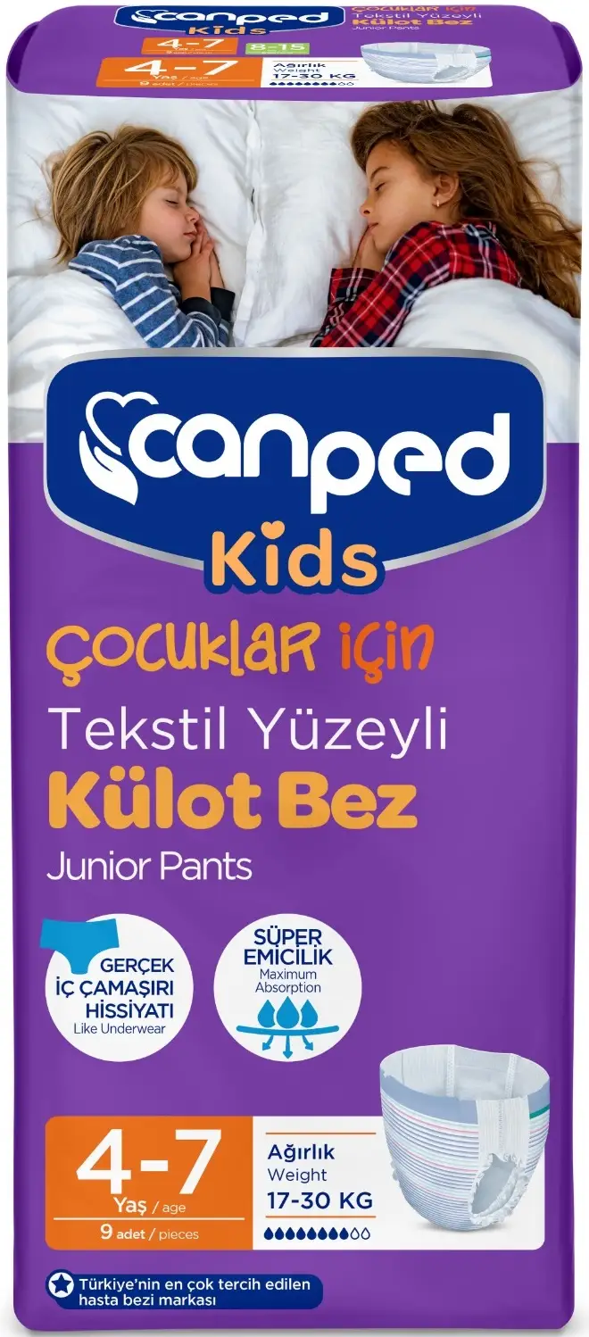 Canped Kids Çoçuklar İçin Külot Bez Tekstil Yüzeyli Yaş:4-7 (17-30Kg) (İç Adet 9) Tekli Pk Canped Kids Çoçuklar İçin Külot Bez Tekstil Yüzeyli Yaş:4-7 (17-30Kg) (İç Adet 9) Tekli Pk