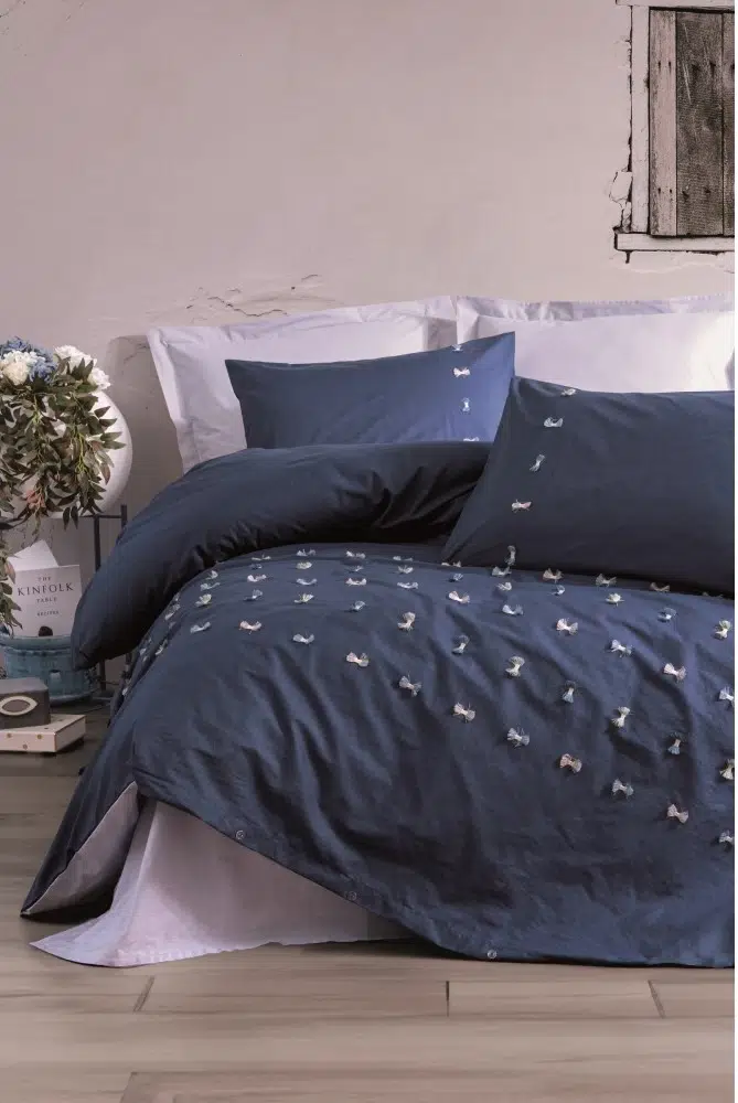 Cotton Box Brode Nakışlı Ranforce Çift Kişilik Nevresim Takım Gına Lacivert