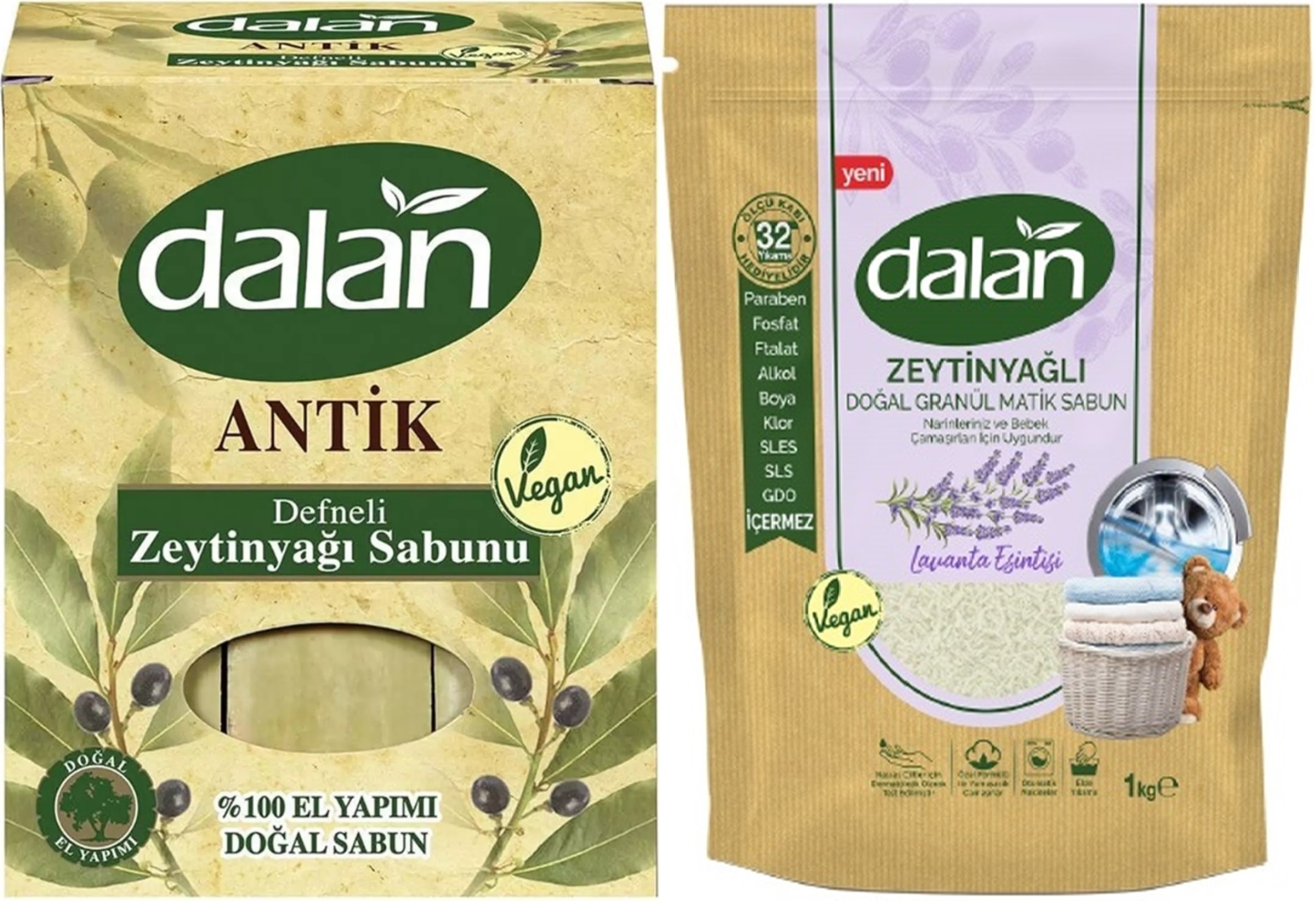 Dalan Antik Defneli Zeytinyağı Sabunu 900GR Klasik & Granül Sabun Tozu Lavantalı 1KG Karma 2Li Set Dalan Antik Defneli Zeytinyağı Sabunu 900GR Klasik & Granül Sabun Tozu Lavantalı 1KG Karma 2Li Set