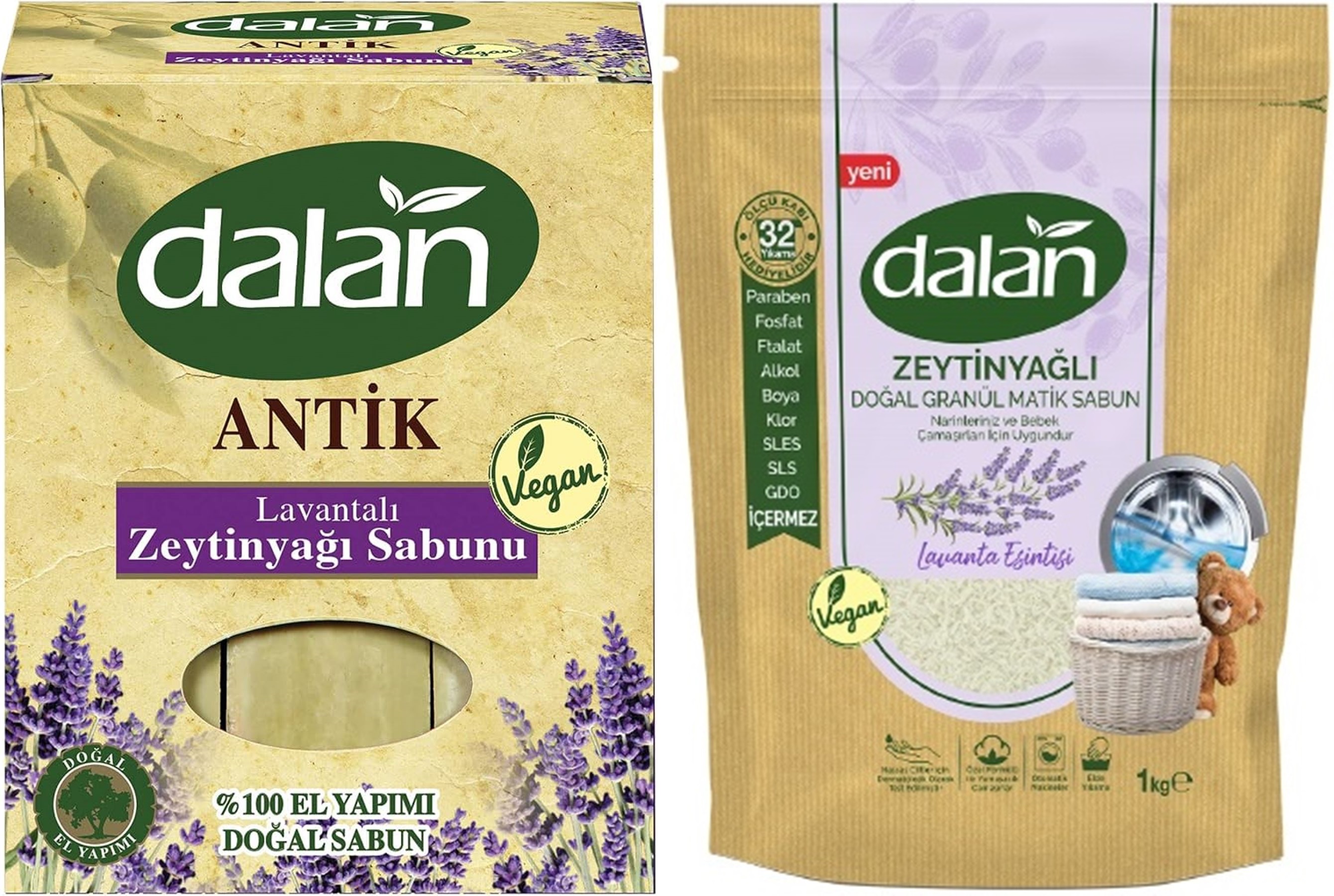 Dalan Antik Defneli Zeytinyağı Sabunu 900GR Lavantalı & Granül Sabun Tozu Lavantalı 1KG (2 Li Set) Dalan Antik Defneli Zeytinyağı Sabunu 900GR Lavantalı & Granül Sabun Tozu Lavantalı 1KG (2 Li Set)