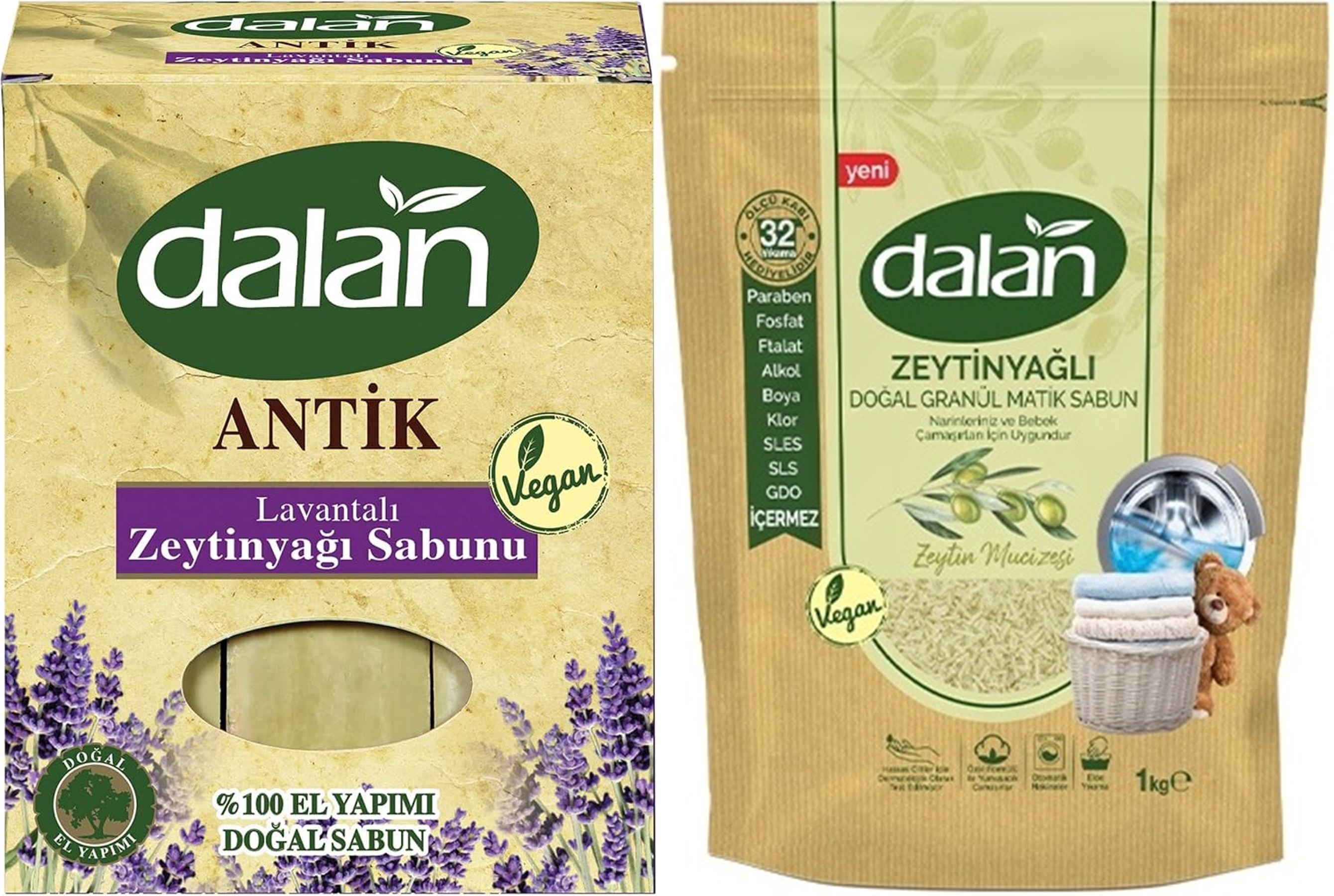 Dalan Antik Defneli Zeytinyağı Sabunu 900GR Lavantalı & Granül Sabun Tozu Zeytinyağlı 1KG (2 Li Set) Dalan Antik Defneli Zeytinyağı Sabunu 900GR Lavantalı & Granül Sabun Tozu Zeytinyağlı 1KG (2 Li Set)