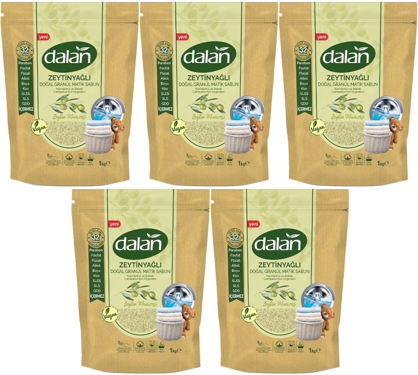 Dalan Doğal Granül Sabun Tozu 1KG Bebekler İçin %100 Zeytinyağlı (5 Li Set) Dalan Doğal Granül Sabun Tozu 1KG Bebekler İçin %100 Zeytinyağlı (5 Li Set)