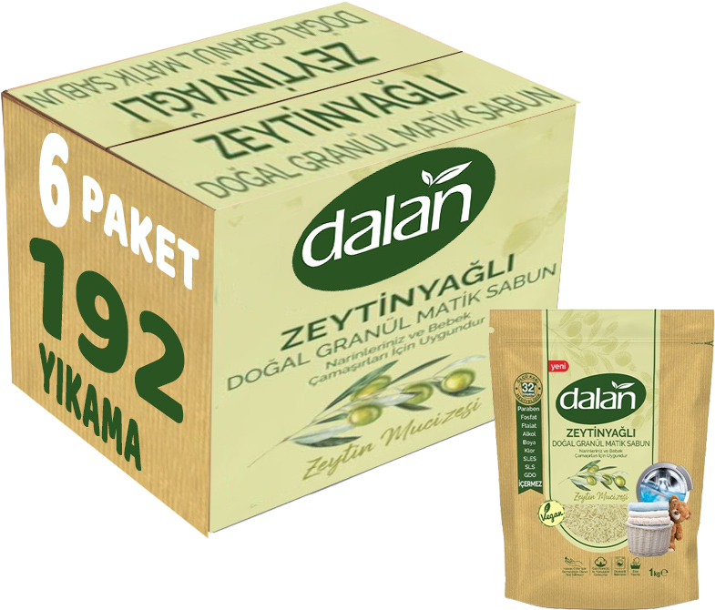Dalan Doğal Granül Sabun Tozu 1Kg Bebekler İçin %100 Zeytinyağlı (6 Lı Set) Dalan Doğal Granül Sabun Tozu 1Kg Bebekler İçin %100 Zeytinyağlı (6 Lı Set)