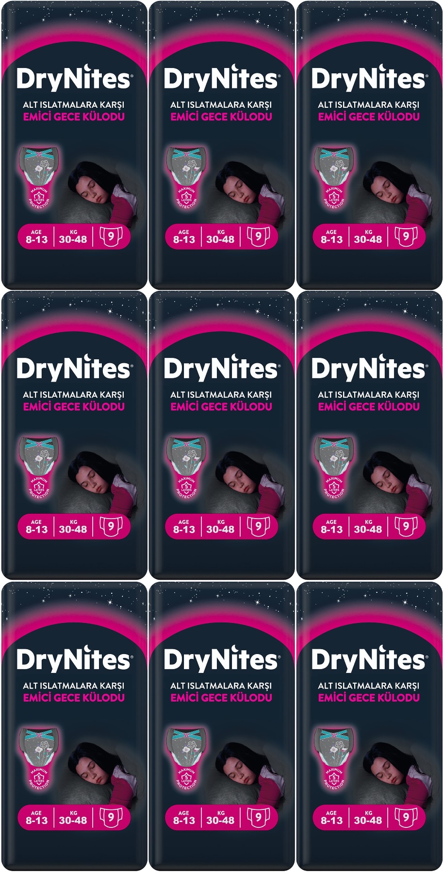 Drynites Emici Gece Külodu/Külot Bez Kız 8-13 Yaş 30-48KG Large 81 Adet 9PK*9 Alt Islatmalara Karşı Drynites Emici Gece Külodu/Külot Bez Kız 8-13 Yaş 30-48KG Large 81 Adet 9PK*9 Alt Islatmalara Karşı