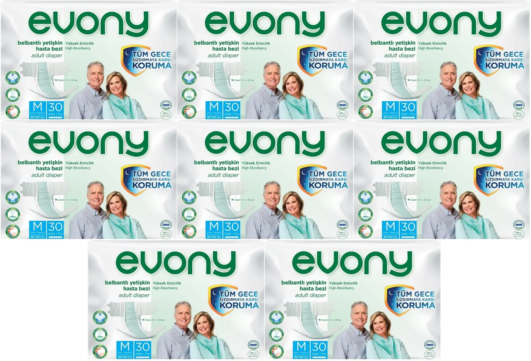 Evony Hasta Bezi Yetişkin Bel Bantlı Tekstil Yüzey M-Orta 240 Adet (8PK*30) Evony Hasta Bezi Yetişkin Bel Bantlı Tekstil Yüzey M-Orta 240 Adet (8PK*30)