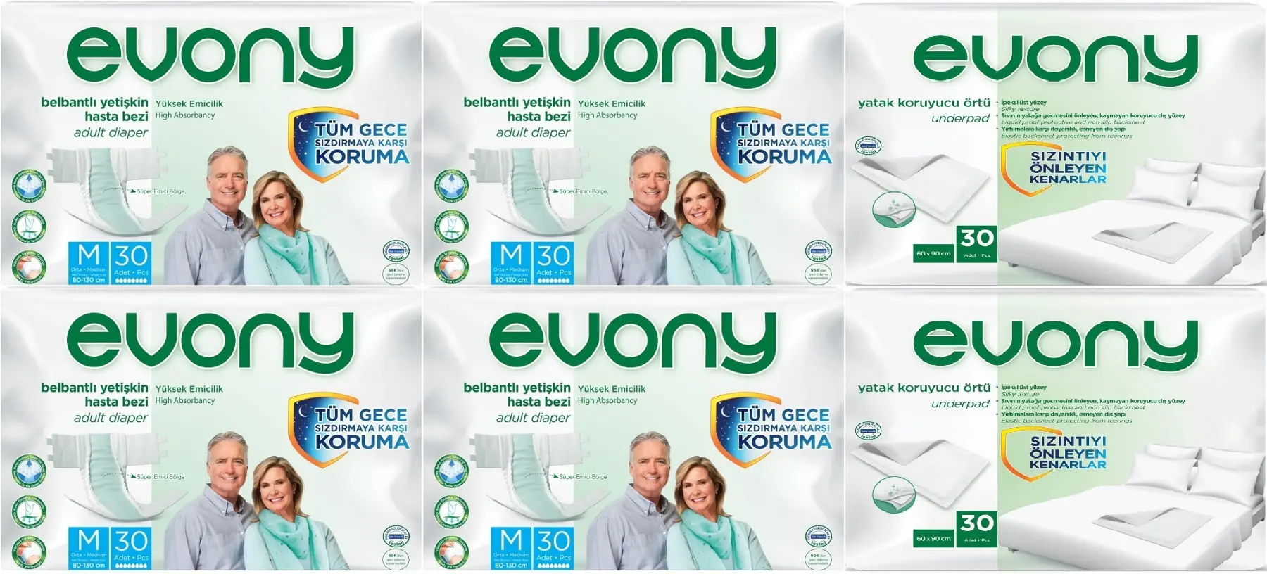 Evony Hasta Bezi Yetişkin Bel Bantlı Tekstil Yüzey Orta 120 Adet + Yatak Koruyucu Örtü 60 Adet Evony Hasta Bezi Yetişkin Bel Bantlı Tekstil Yüzey Orta 120 Adet + Yatak Koruyucu Örtü 60 Adet