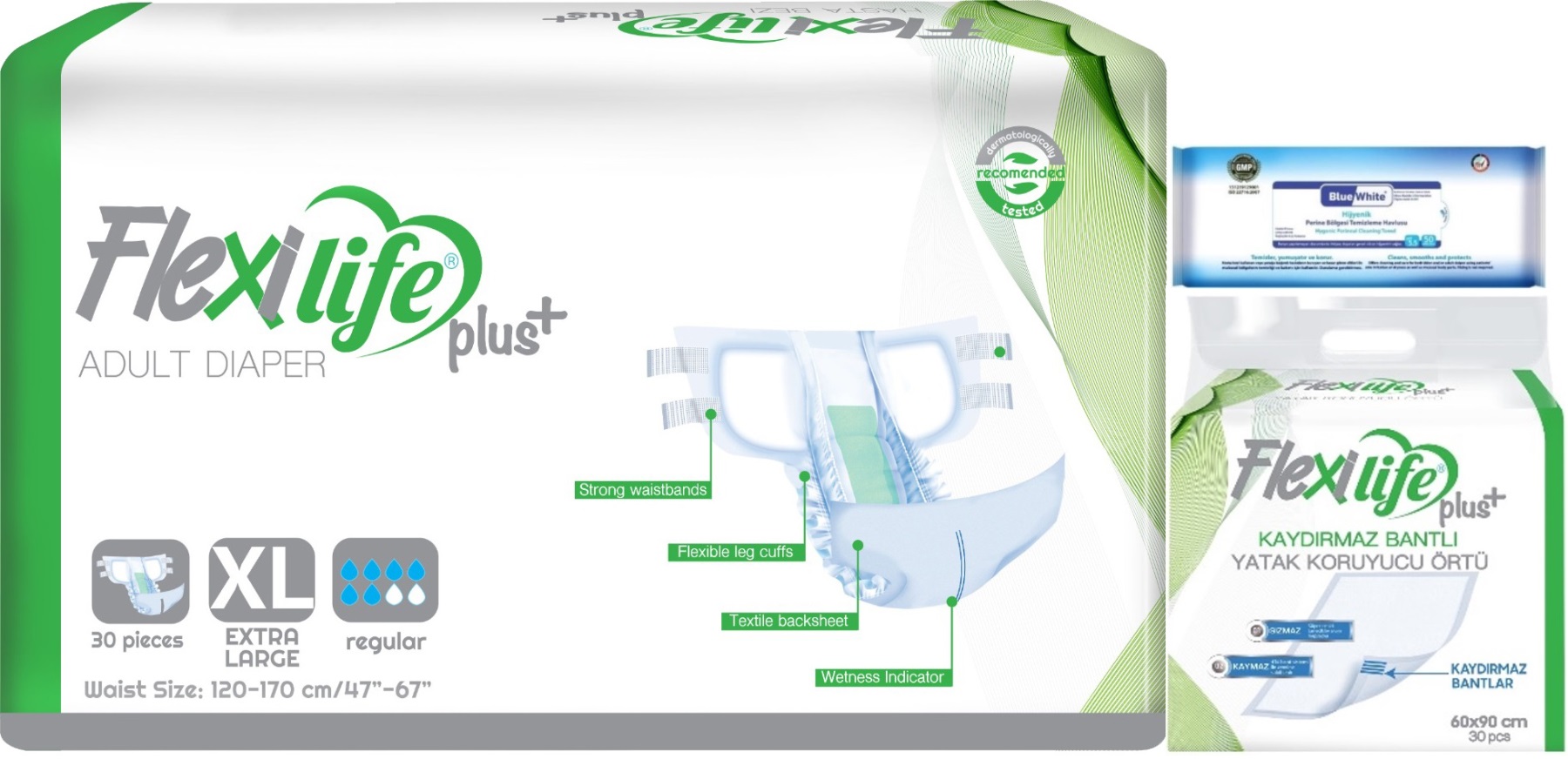Flexi Life Yetişkin Hasta Bezi Bel Bantlı Tekstil Yüzeyli Ekstra Büyük 30 Adet +Yatak Koruyucu+Havlu Flexi Life Yetişkin Hasta Bezi Bel Bantlı Tekstil Yüzeyli Ekstra Büyük 30 Adet +Yatak Koruyucu+Havlu