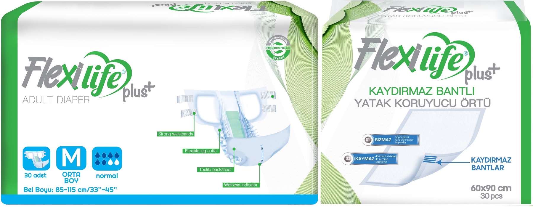 Flexi Life Yetişkin Hasta Bezi Bel Bantlı Tekstil Yüzeyli Orta 30 Adet + Yatak Koruyucu Örtü 30 Adet Flexi Life Yetişkin Hasta Bezi Bel Bantlı Tekstil Yüzeyli Orta 30 Adet + Yatak Koruyucu Örtü 30 Adet