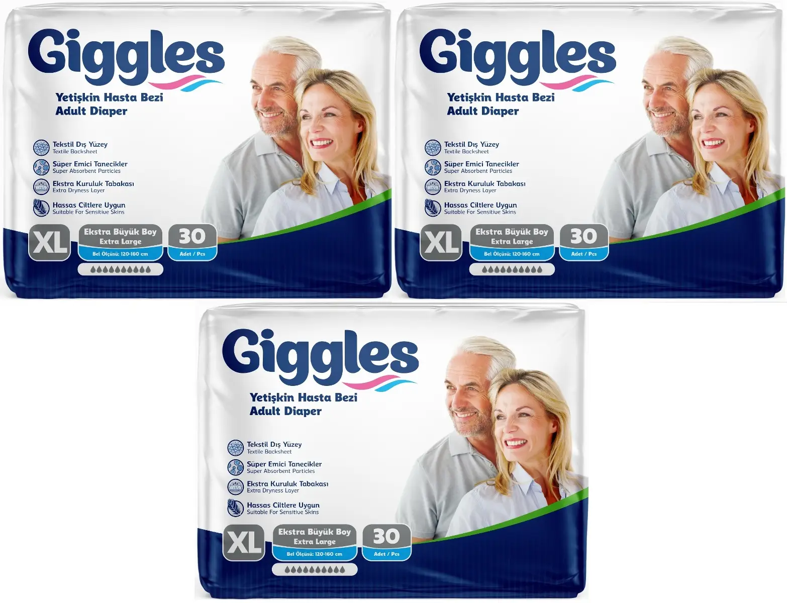 Giggles Hasta Bezi Yetişkin Bel Bantlı Tekstil Yüzey Ekstra Büyük (XL) 90 Adet (3PK*30) Giggles Hasta Bezi Yetişkin Bel Bantlı Tekstil Yüzey Ekstra Büyük (XL) 90 Adet (3PK*30)