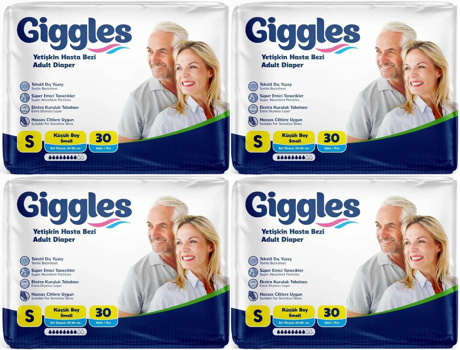 Giggles Hasta Bezi Yetişkin Bel Bantlı Tekstil Yüzey Küçük - Small (S) 120 Adet (4PK*30) Giggles Hasta Bezi Yetişkin Bel Bantlı Tekstil Yüzey Küçük - Small (S) 120 Adet (4PK*30)