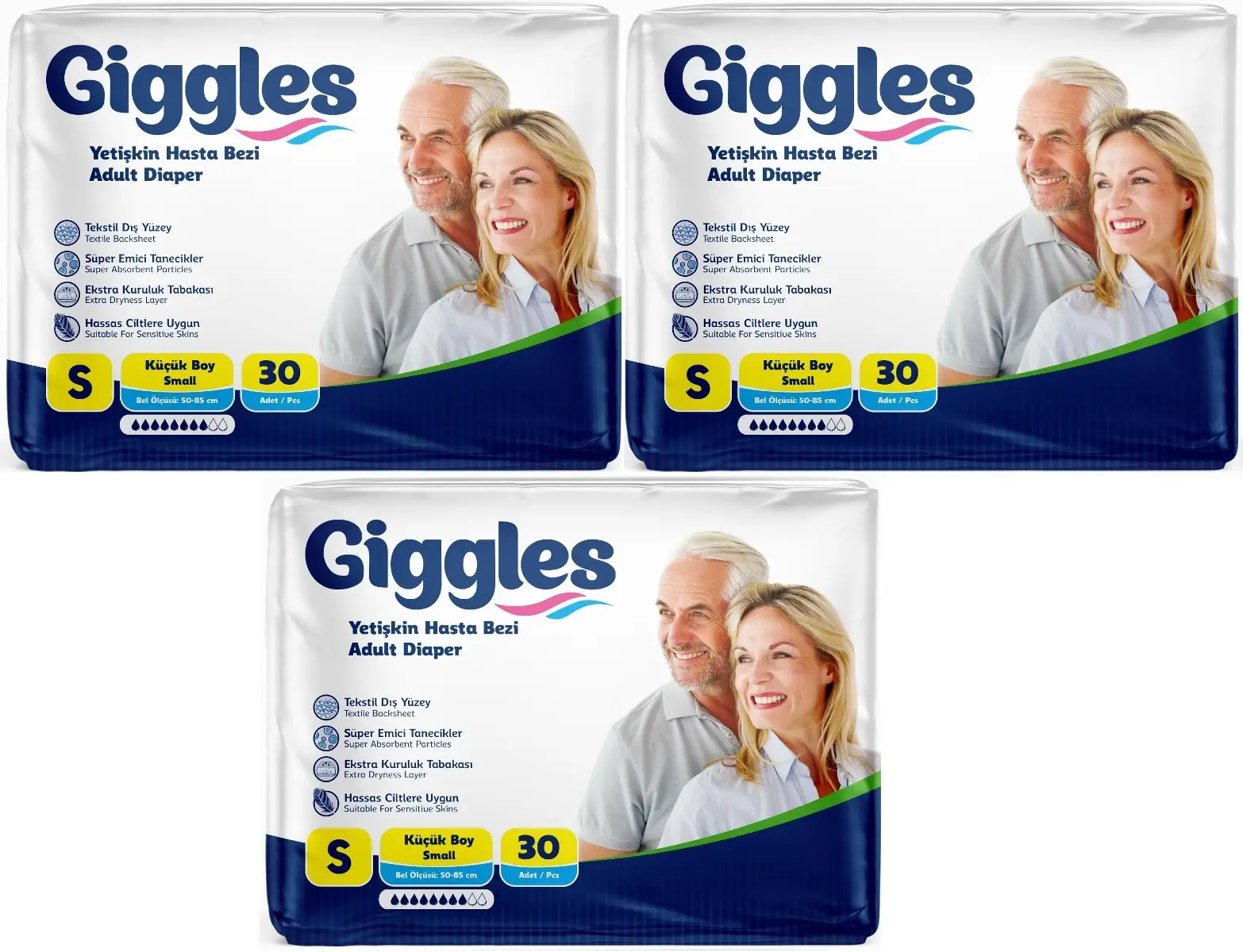 Giggles Hasta Bezi Yetişkin Bel Bantlı Tekstil Yüzey Küçük - Small (S) 90 Adet (3PK*30) Giggles Hasta Bezi Yetişkin Bel Bantlı Tekstil Yüzey Küçük - Small (S) 90 Adet (3PK*30)