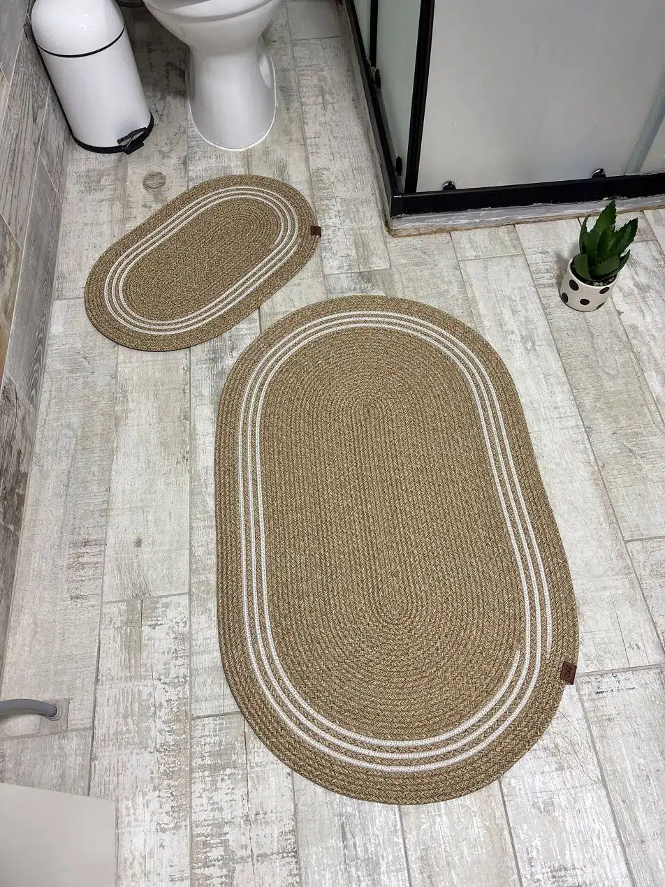 Jüt Hasır 2li Banyo Seti Paspas Takımı-Bej Ortası Aralıklı Beyaz