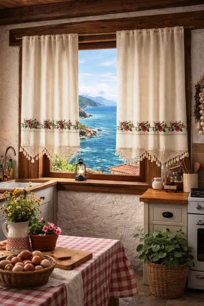 Mandaş Buldan Otantik Naturel Nakışlı Buldan Perde rustikli 2 Parça 160*140