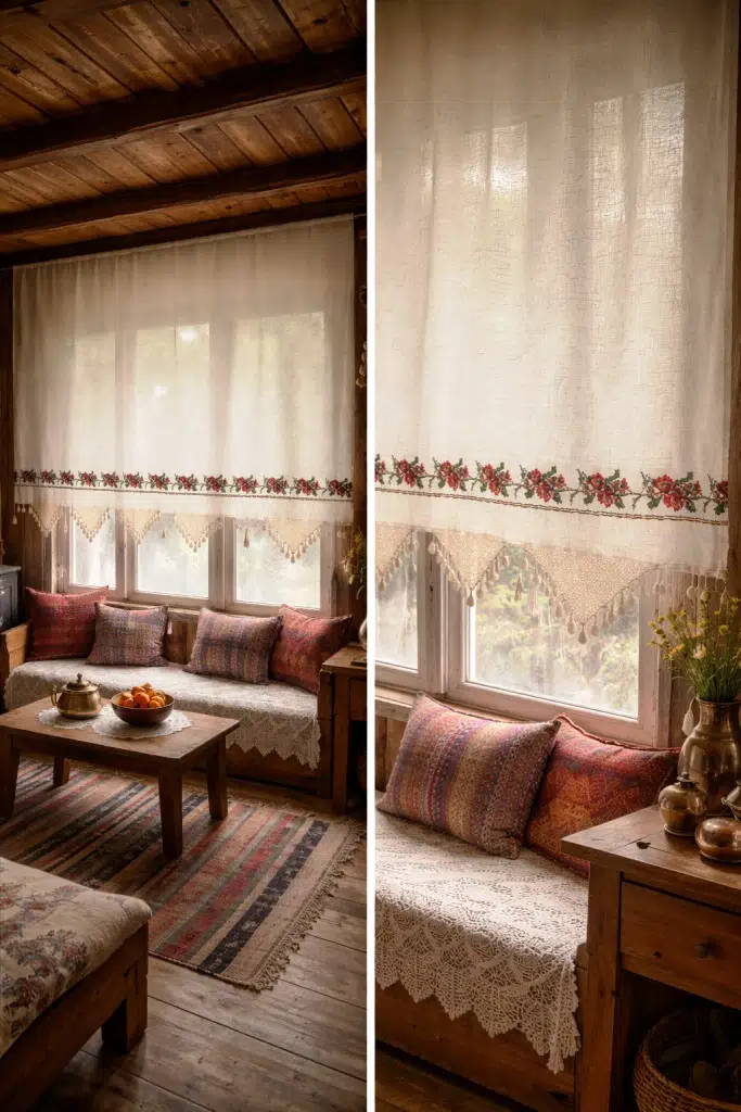 Mandaş El İşi Dantelli Kanaviçe Buldan Perdesi Tek kanat (150*170)