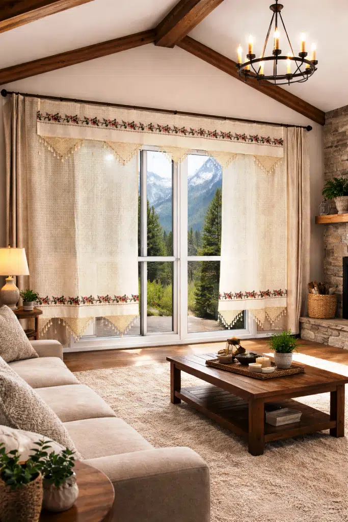 MANDAŞ Kanaviçe işlemeli Buldan Perdesi (2 fon prç +1 valans )150*195)