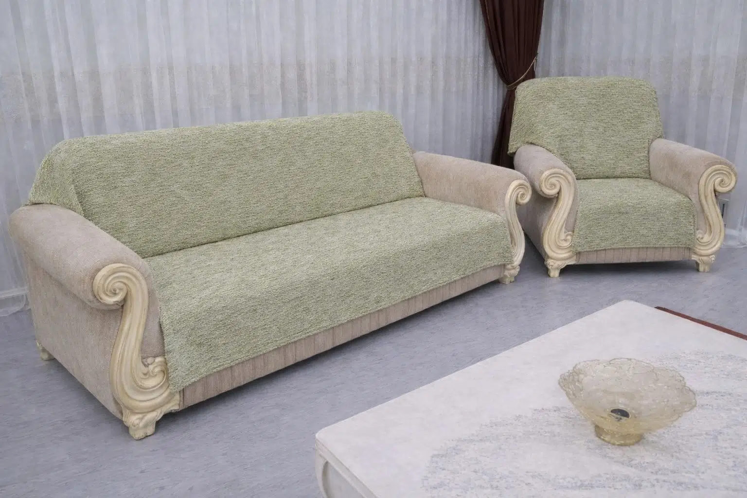 Mandaş Şönil El Dokuma Kolsuz Koltuk Takım Örtüsü (3+3+1 +1 açık yeşil