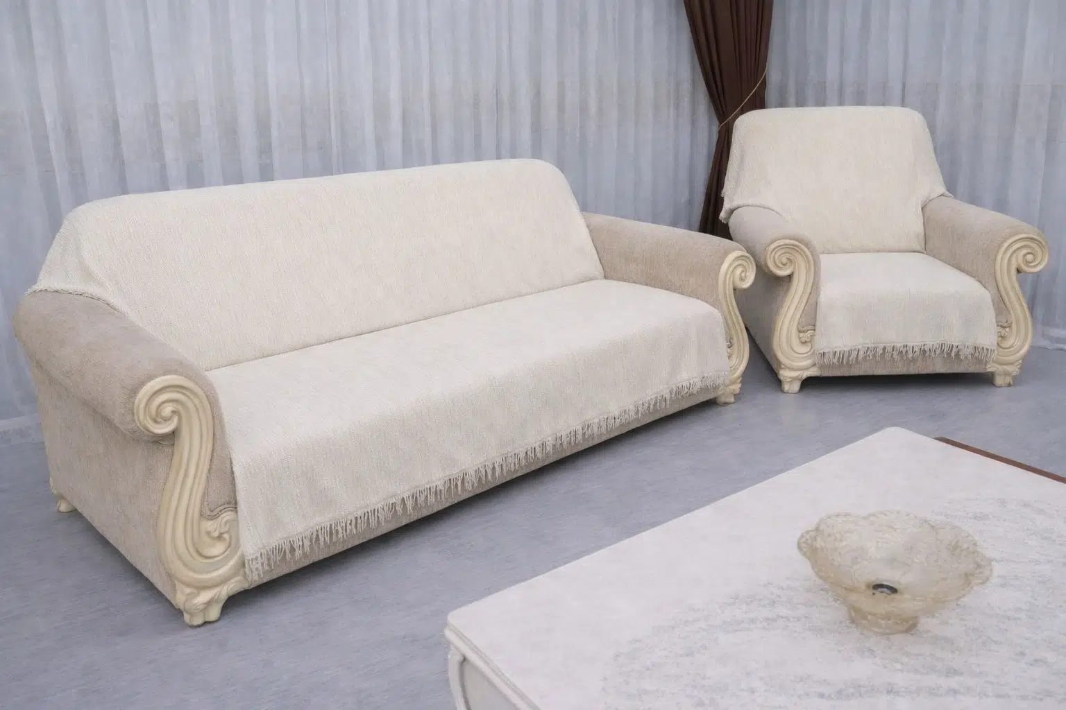 Mandaş Şönil El Dokuma Kolsuz Koltuk Takım Örtüsü (3+3+1 +1 krem