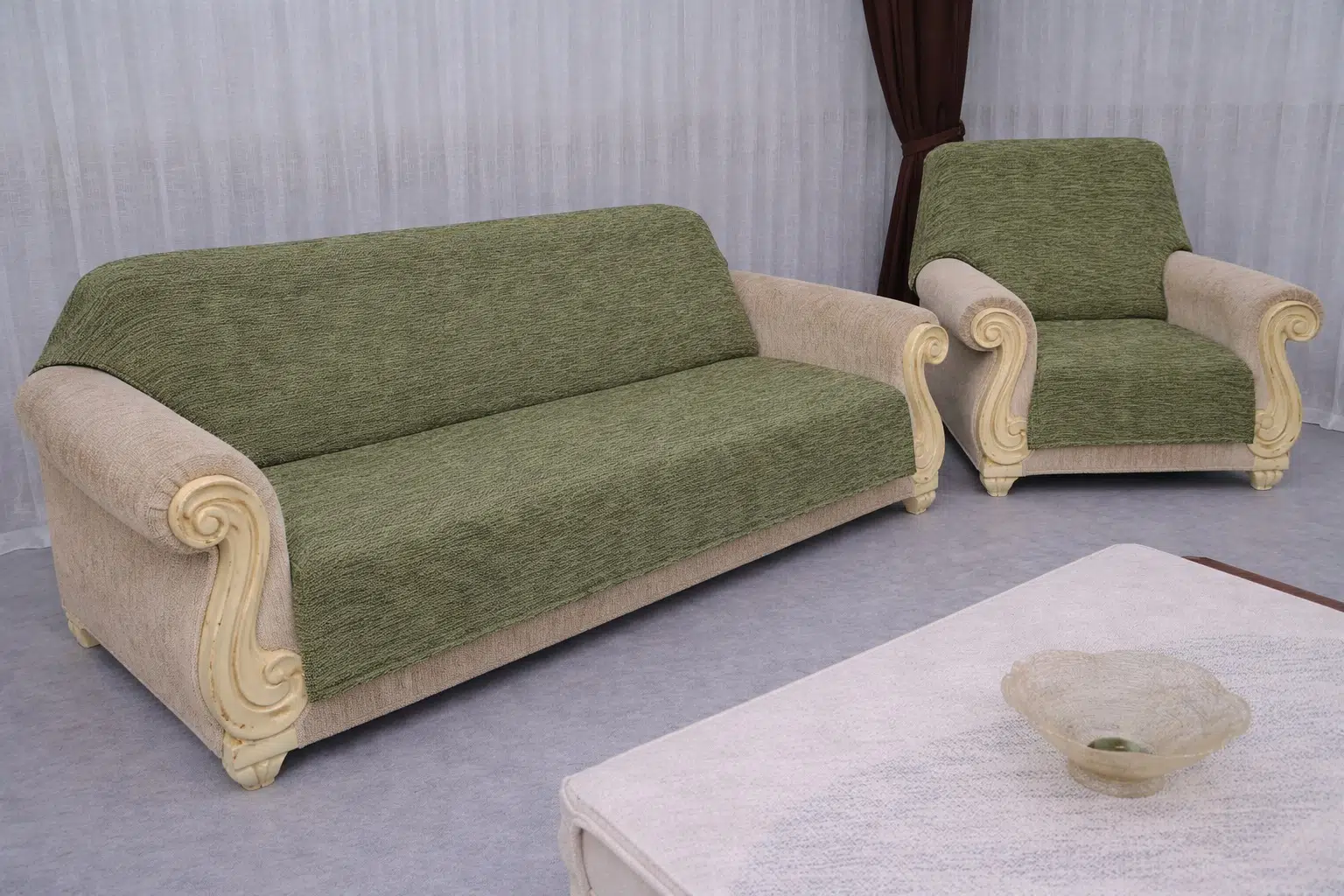 Mandaş Şönil El Dokuma Kolsuz Koltuk Takım Örtüsü (3+3+1+1 yağ yeşili