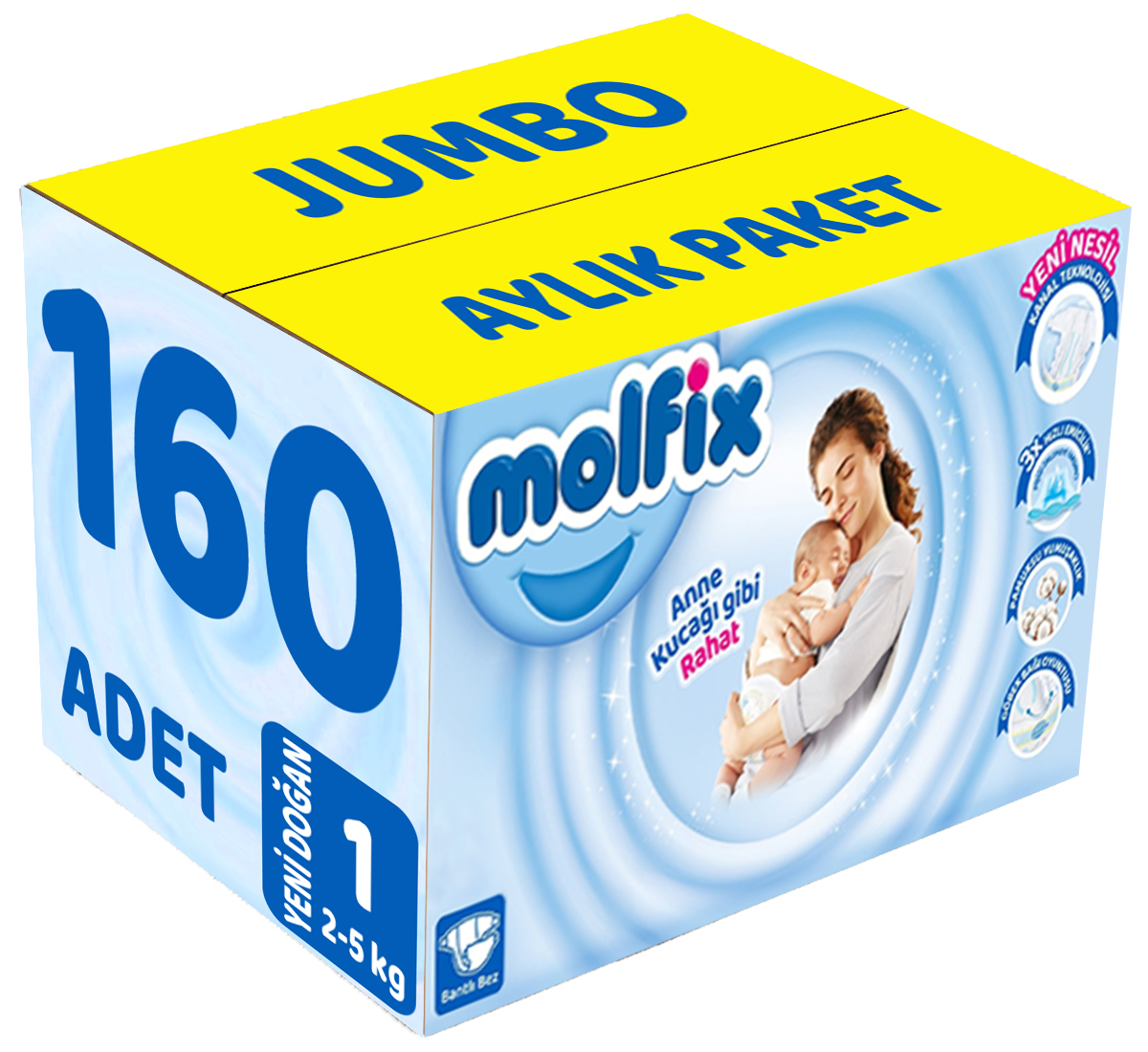 Molfix Bebek Bezi Beden:1 (2-5Kg) Yeni Doğan 160 Adet Jumbo Aylık Pk Molfix Bebek Bezi Beden:1 (2-5Kg) Yeni Doğan 160 Adet Jumbo Aylık Pk