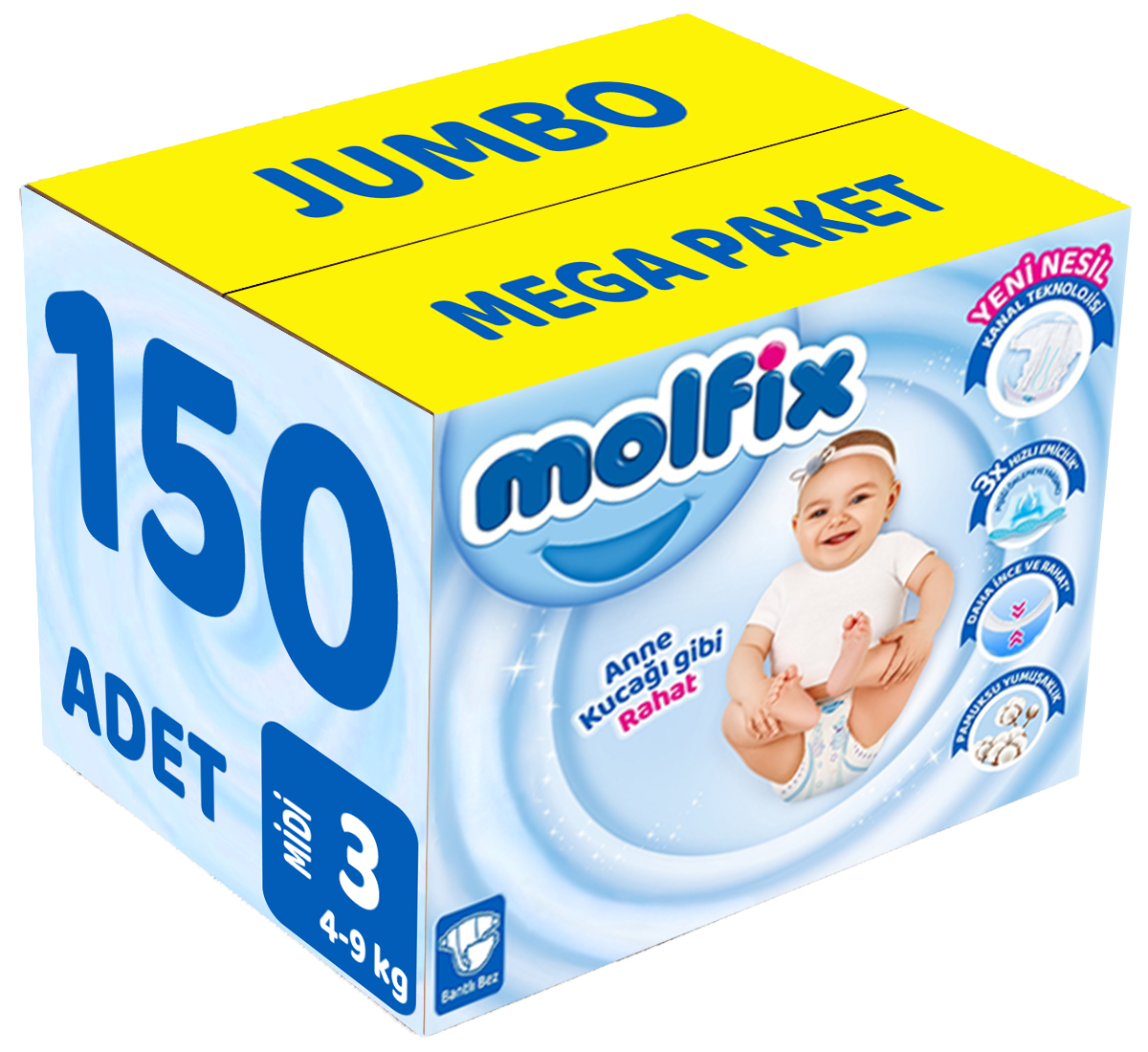 Molfix Bebek Bezi Beden:3 (4-9Kg) Midi 150 Adet Jumbo Mega Pk Molfix Bebek Bezi Beden:3 (4-9Kg) Midi 150 Adet Jumbo Mega Pk